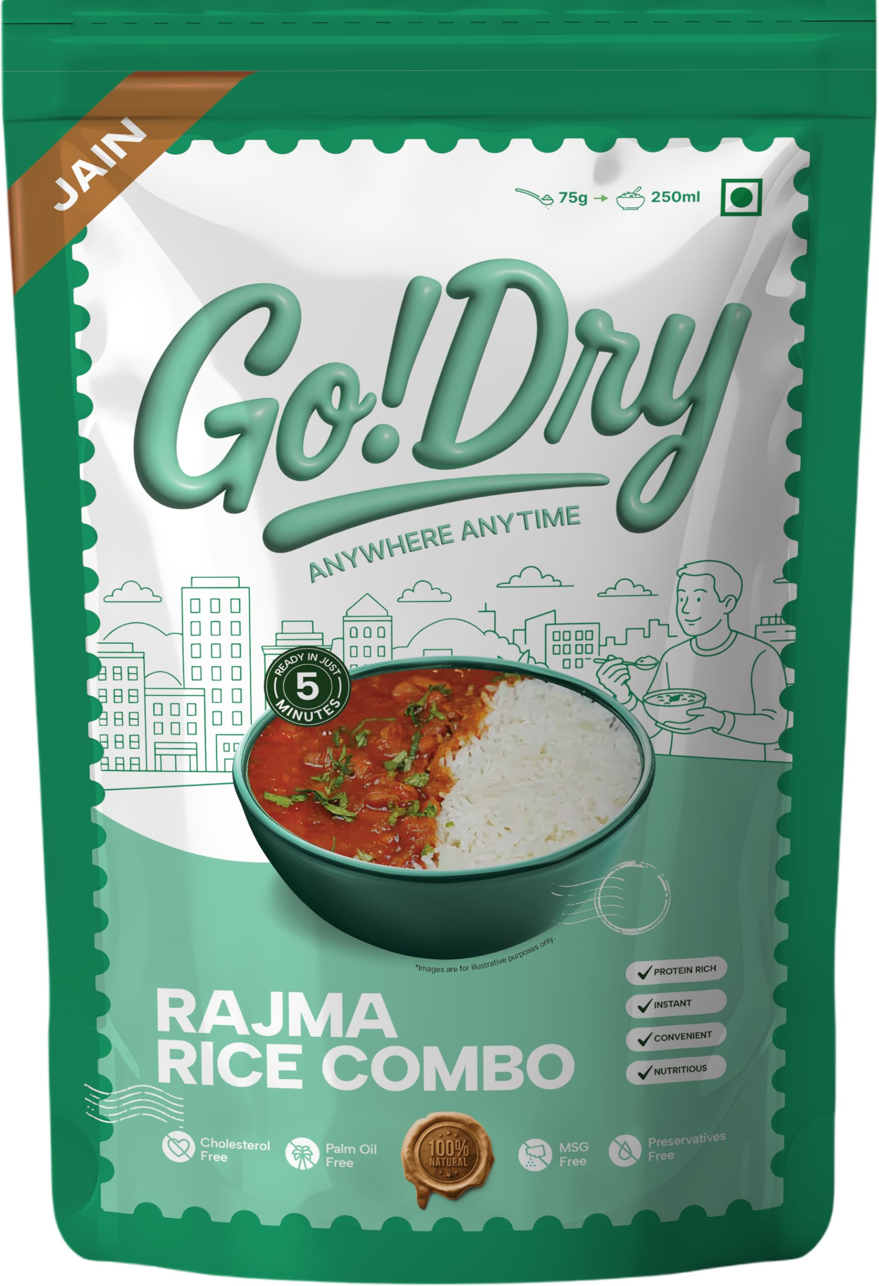Go!Dry Jain Dal Makhani Rice Combo | Ready to Eat Indian Meal | No Onion No Garlic | No Preservatives & No Palm Oil | 80g