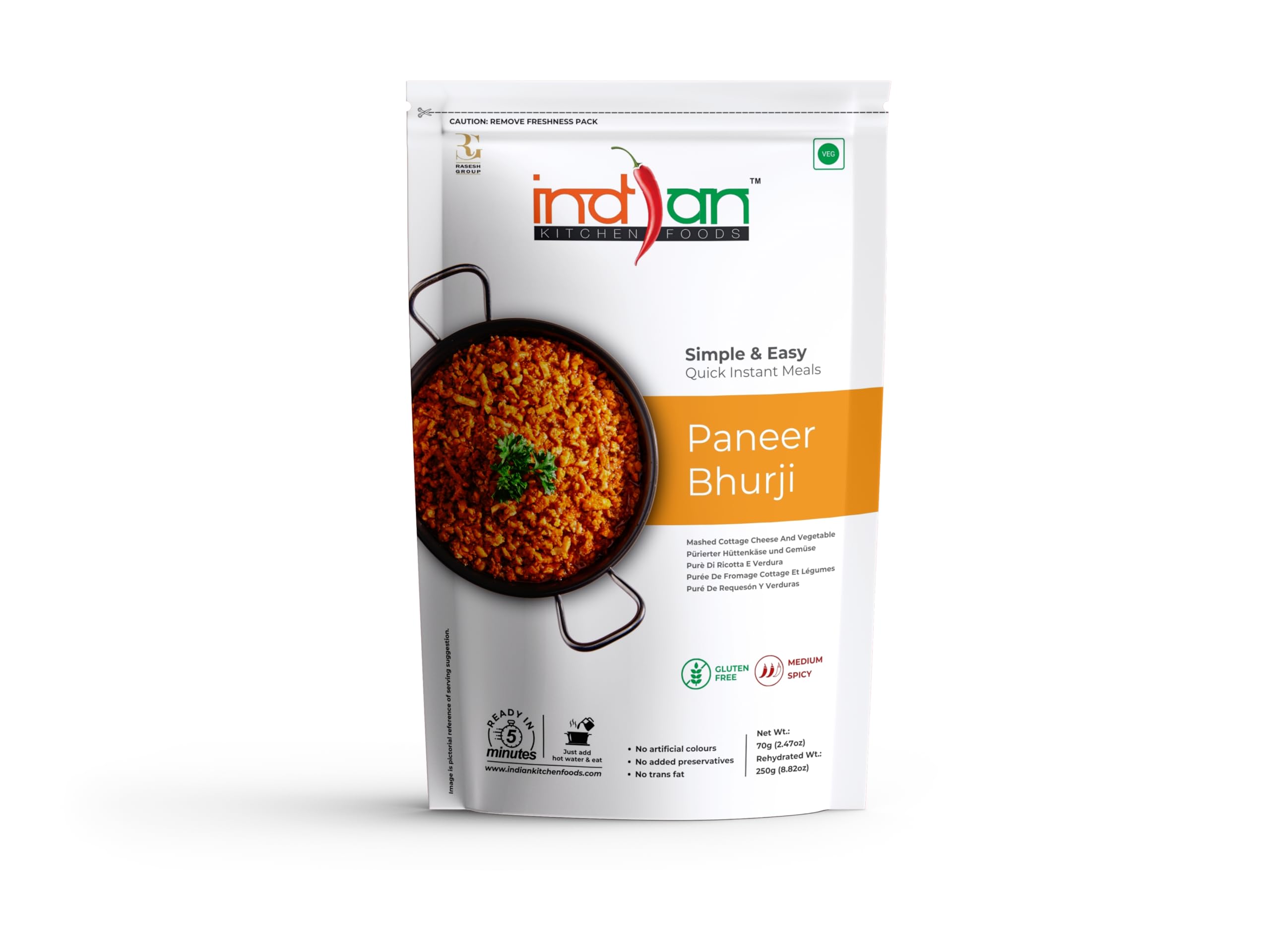 Indian Kitchen Foods Jain Paneer Bhurji |Freeze Dried Gluten-Free Ready to Eat Instant Vegetarian Meal - Rehydrated Wt. 210 gm, Pack of 1