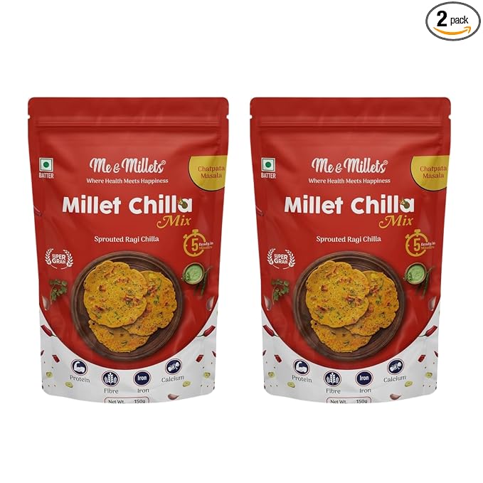 ME & MILLETS Sprouted Millet Ragi Chilla Mix Combo (150g X 2) - Chatpata Masala, No Preservatives, No Palm Oil, Natural Healthy Protein & Fiber-Rich Breakfast For Kids & Family (Jain Friendly)