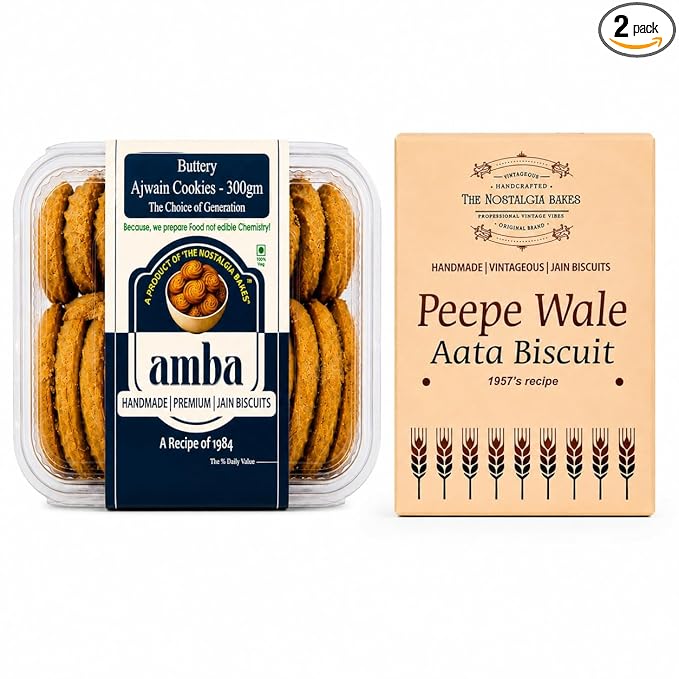 Amba Handmade Jain Biscuits Combo Pack | Buttery Ajwain Cookies & Peepe Wale Aata Biscuits | Traditional Tea Time | Crunchy & Fresh Baked Snacks | Premium Indian Bakery Cookies Combo Pack