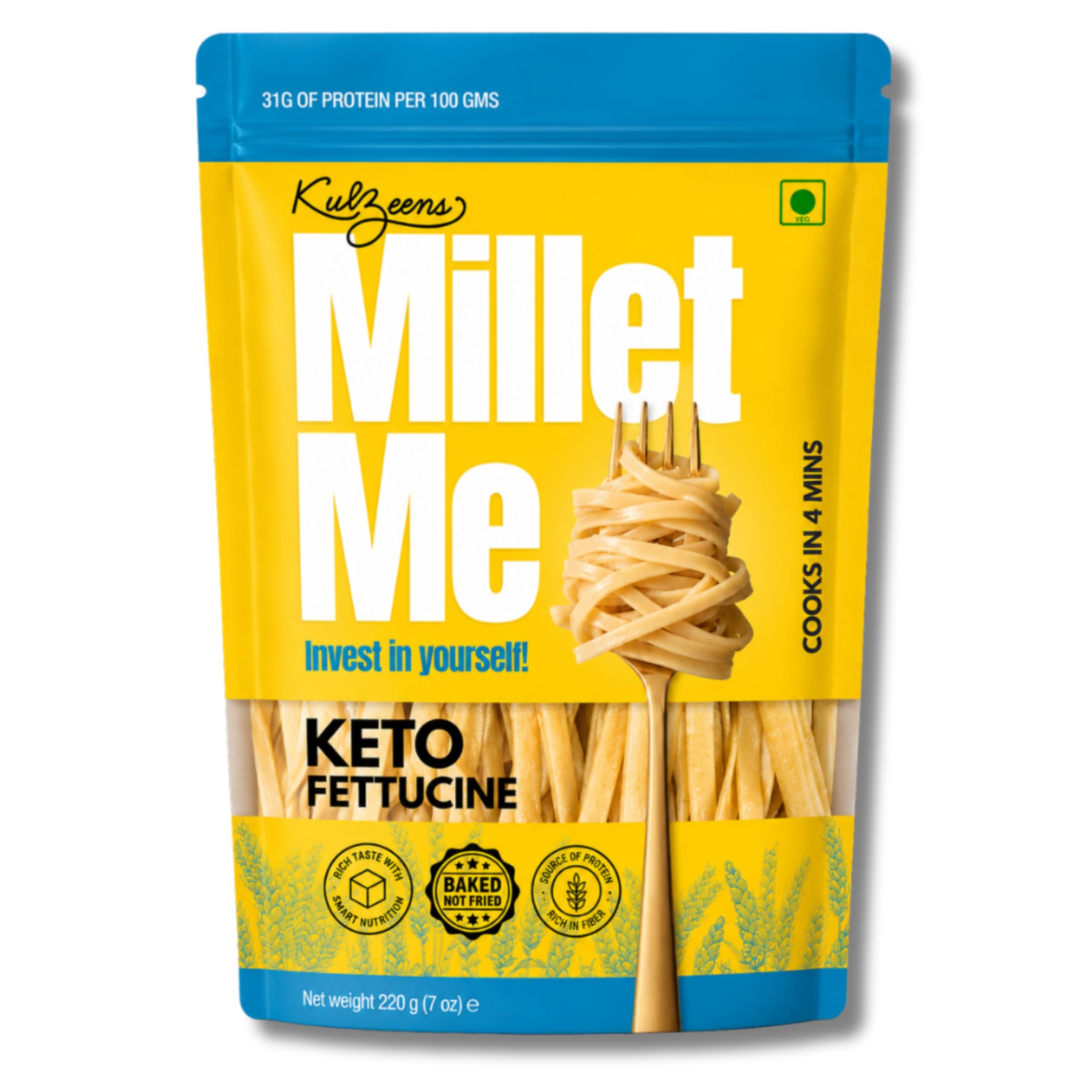 Millet Me by Kuizeens Keto Fettucine - 220G |Fresh & Flavourfull | Easy-to-Make | Protein-Rich | No MSG | No Preservatives | Perfect for Daily Routine | Ready in Minutes | Jain | No Onion & Garlic