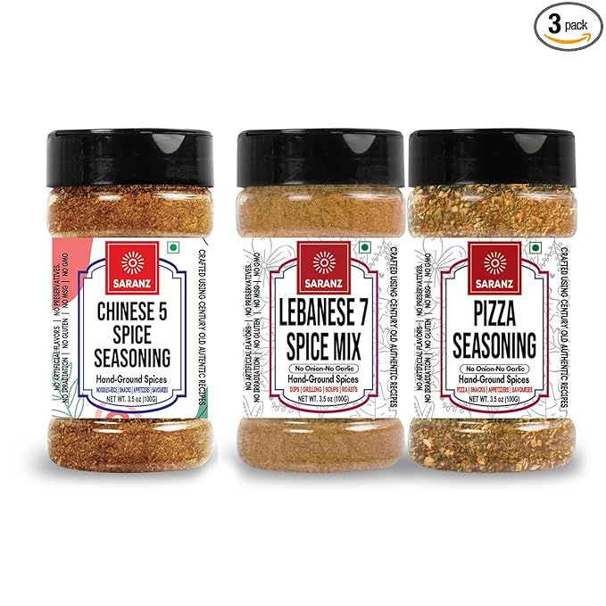 SARANZ Lebanese 7 Spice, Pizza Mix Jain & Chinese 5 Spice Jain Seasoning ( Combo Pack Of 3 ) Batata Harra Masala | Perfect for Snacks, Appetizers, Main Dishes and Flavoured Vegan | Middle East Seasonings | 100 Gm Sprinkler Jar