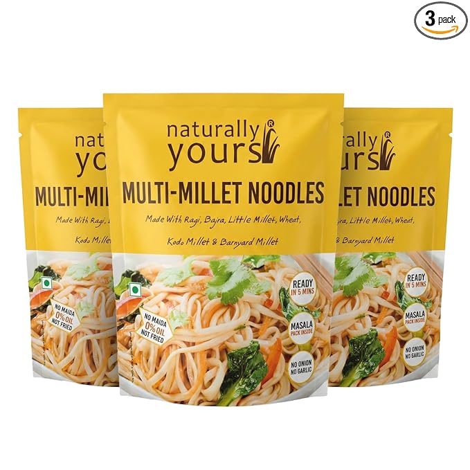 Naturally Yours Multi Millet Hakka Noodles | Ragi, Bajra, Little, Kodo & Barnyard Millet with Whole Wheat | No Maida, No Onion No Garlic, Jain Friendly, Vegan, Preservative Free | 180g Pack of 3