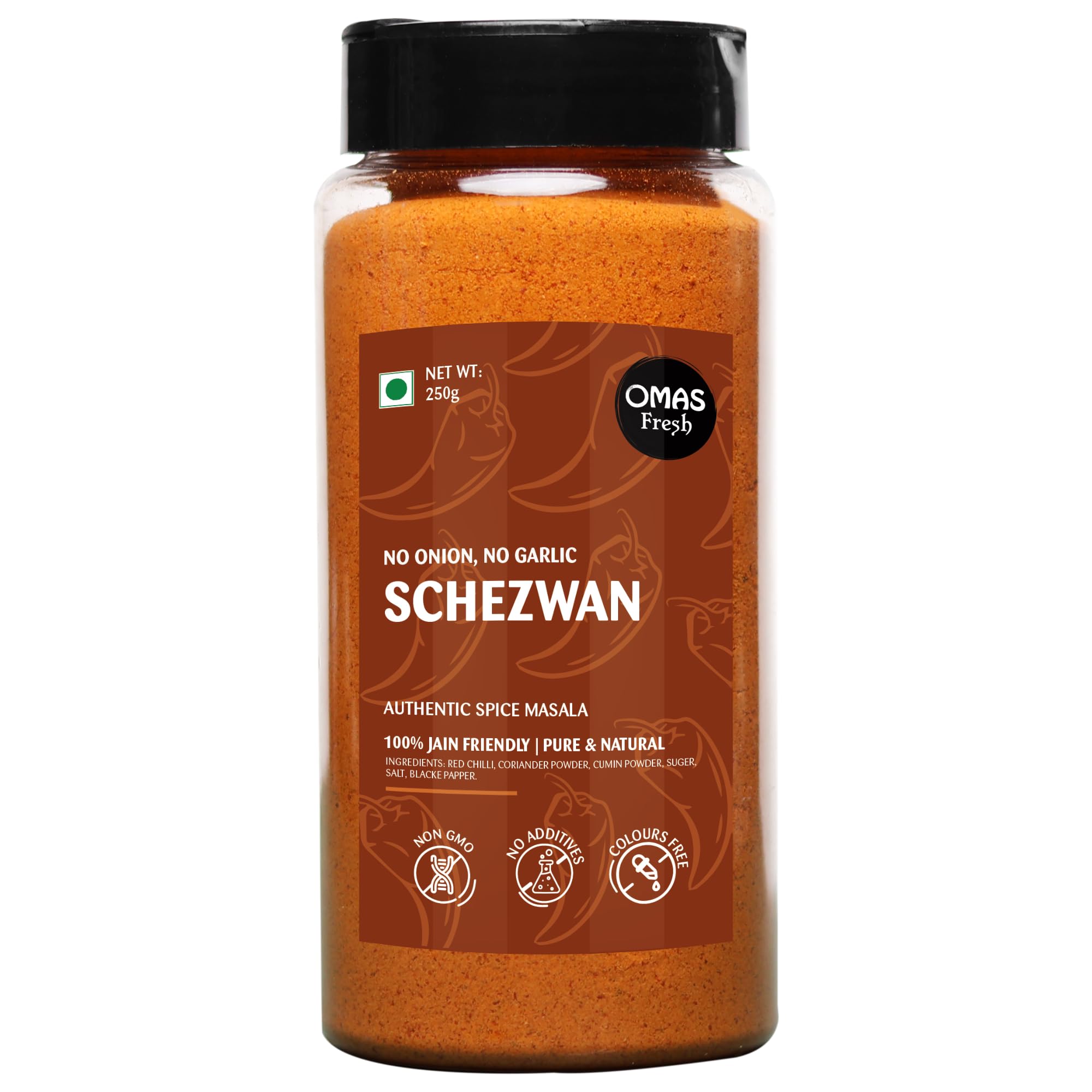 Omas Fresh Jain We-Desi Schezwan Seasoning | No Onion, No Garlic Masala Best for Making Noodles, Pasta, Fried Rice, Nachos (250g, Schezwan)