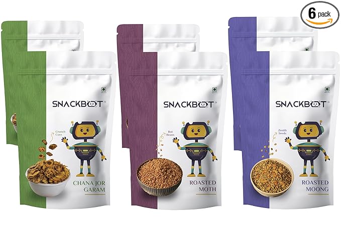 Snackbot Satvik Snack Combo – No Onion No Garlic Healthy Snacks | Roasted Moong, Roasted Moth & Chana Jor Garam | 100% Vegetarian Indian Snack Pack