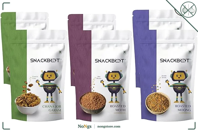 Snackbot Satvik Snack Combo – No Onion No Garlic Healthy Snacks | Roasted Moong, Roasted Moth & Chana Jor Garam | 100% Vegetarian Indian Snack Pack