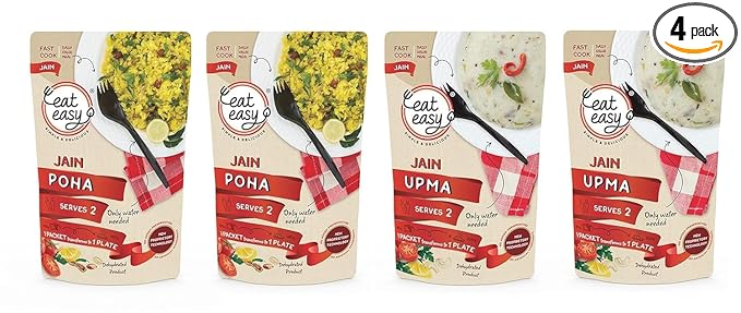 Eat Easy Jain Breakfast Combo - Ready to Eat Instant Breakfast | (4 travel packs-2 poha 2 upma) | No Onion No Garlic | Just Heat And Eat | Instant Jain Food for Travel, Hostel, Trekking, Camping, Hiking