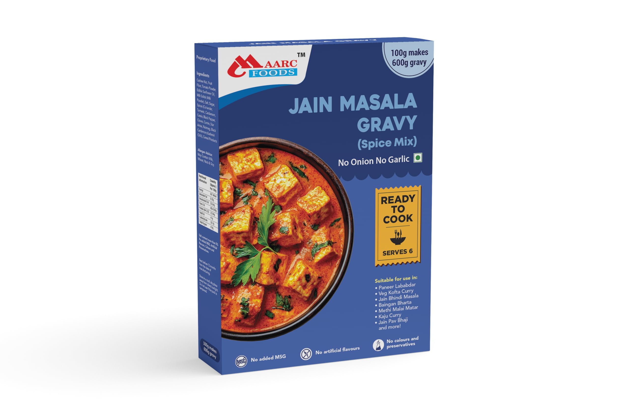 Maarc Jain Masala Gravy Base (No Onion, No Garlic, 100g. Spice Mix), Ready to Cook Base, 100g makes 600g, No Preservatives and Artificial Colours, Cashew Nut-Based