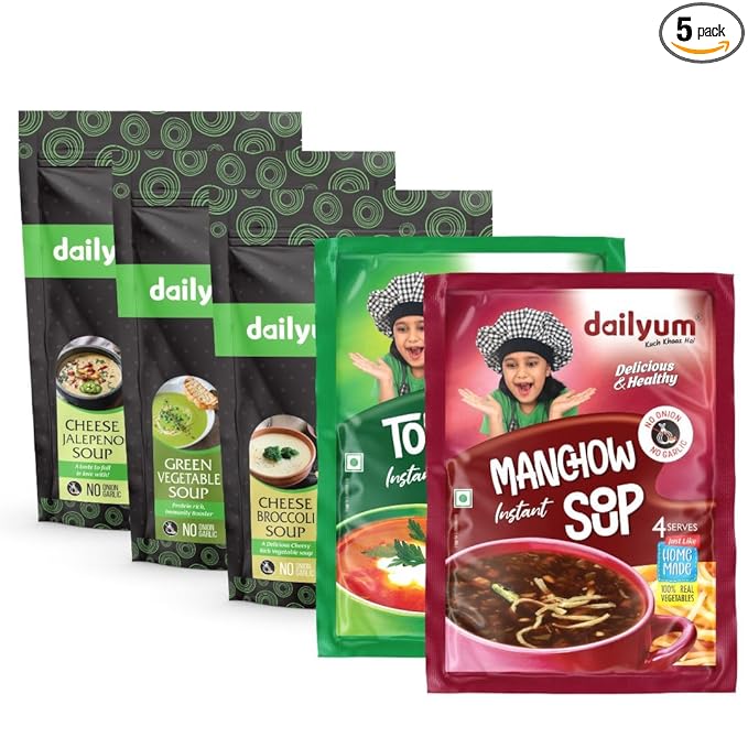 Dailyum Instant Soup Combo of 5 | No Onion No Garlic | Manchow Soup 50g | Tomato Soup 50g | Green Veg. Soup 50g | Cheese Broccoli 50g | Cheese Jalapeno 50g| Jain