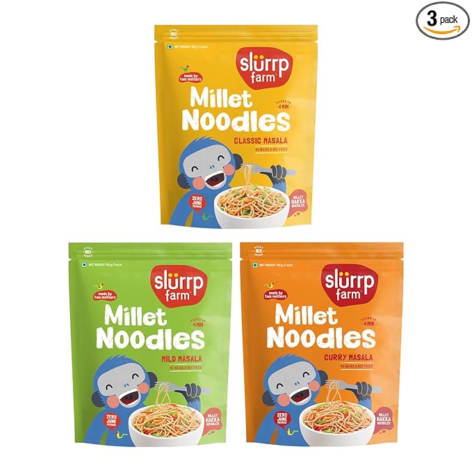 Slurrp Farm No Maida Hakka Noodles Combo, Not Fried, No MSG, Classic, Mild and Curry Masala Millet Noodles, Pack of 3 X 192 g