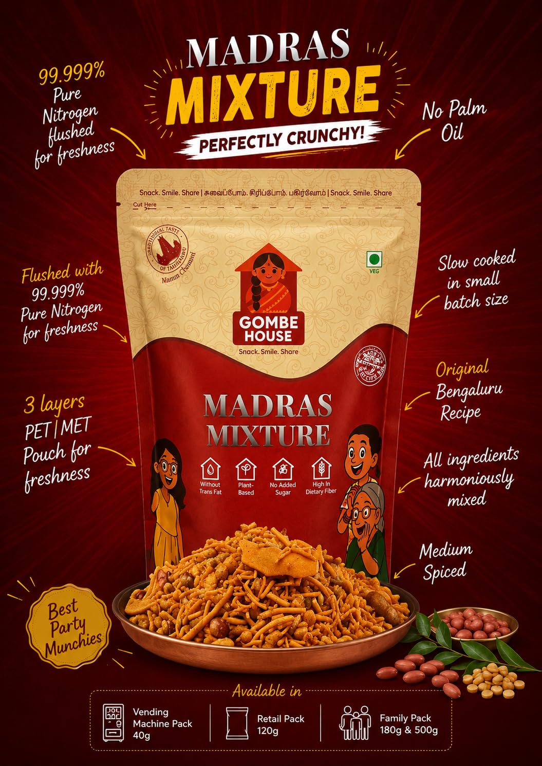 Gombe House Madras Mixture 120g Authentic South Indian Namkeen Snack Crispy & Flavorful Tea Time Savory No Palm Oil & No Preservatives Vegan Traditional Homemade Taste