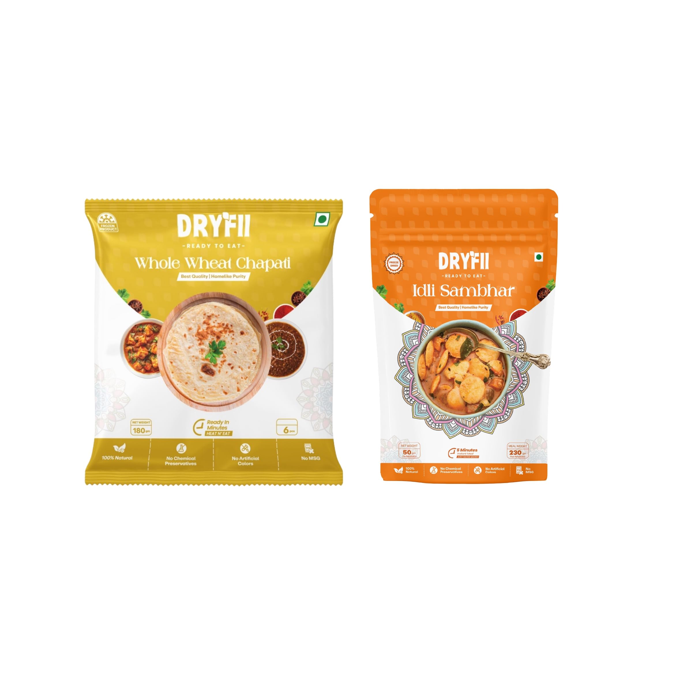Dryfii Ready-to-Eat Chapati (6 Pcs | 1 Pack) with Jain Idli Sambhar | No Onion No Garlic Sattvic Meal | Healthy South Indian Combo | Instant Travel Food Pack | Pure Vegetarian