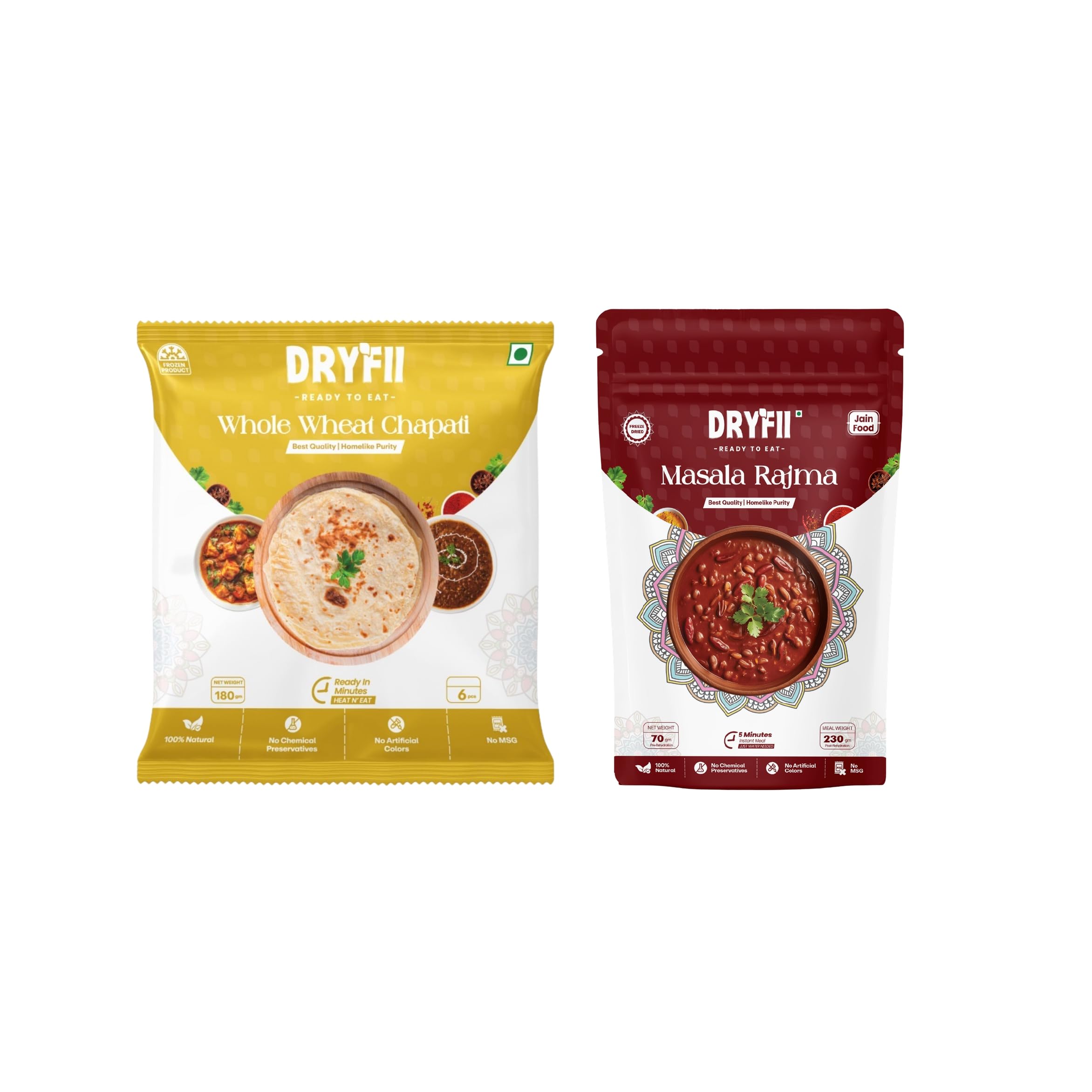 Dryfii Ready-to-Eat Chapati with Jain Masala Rajma | 6 Chapati in 1 Pack | Satvik Vegetarian Combo Meal | No Onion No Garlic Healthy Indian Food
