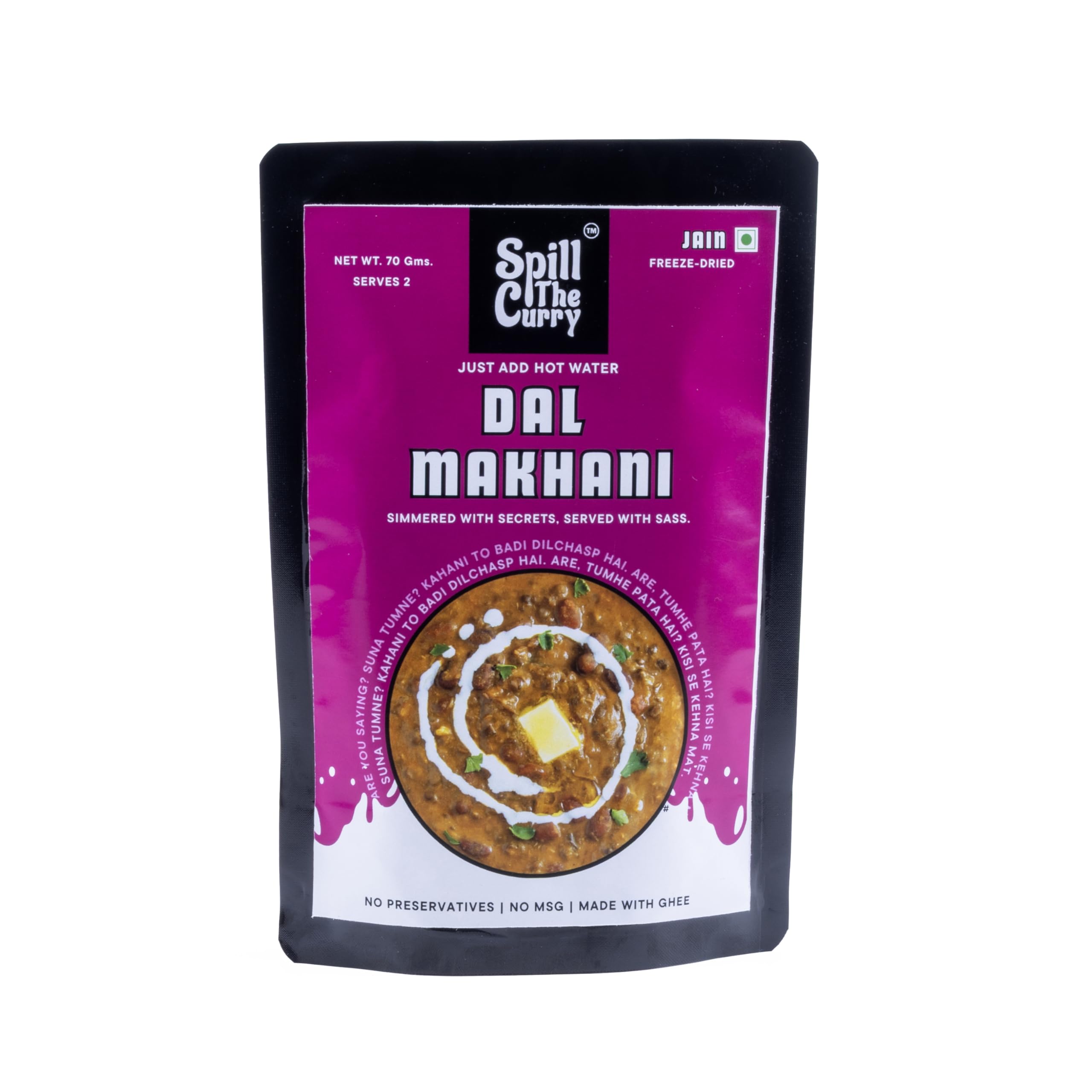 SPILL THE CURRY Dal Makhani Jain Ready to Eat | No Onion No Garlic | Authentic Punjabi Creamy Lentil Curry | Freeze Dried Instant Food | Just Add Hot Water | Vegetarian Meal for Travel & Hostels | Pack of 1 (70g)