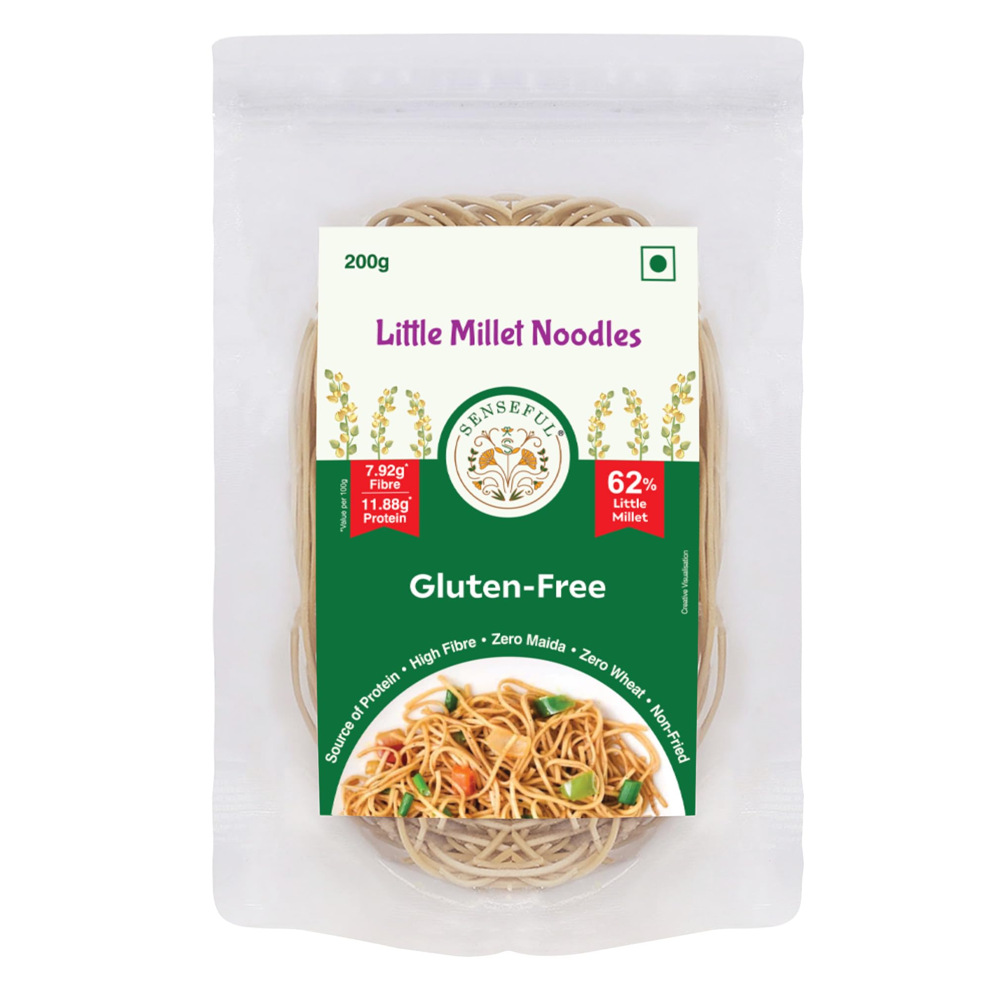 SENSEFUL Little Millet Noodles - Gluten-Free, 62% Little Millet - 200 gm | Zero Maida, Zero Wheat, Source of Protein, High Fibre, Fat-Free, Low Sugar & Non-Fried