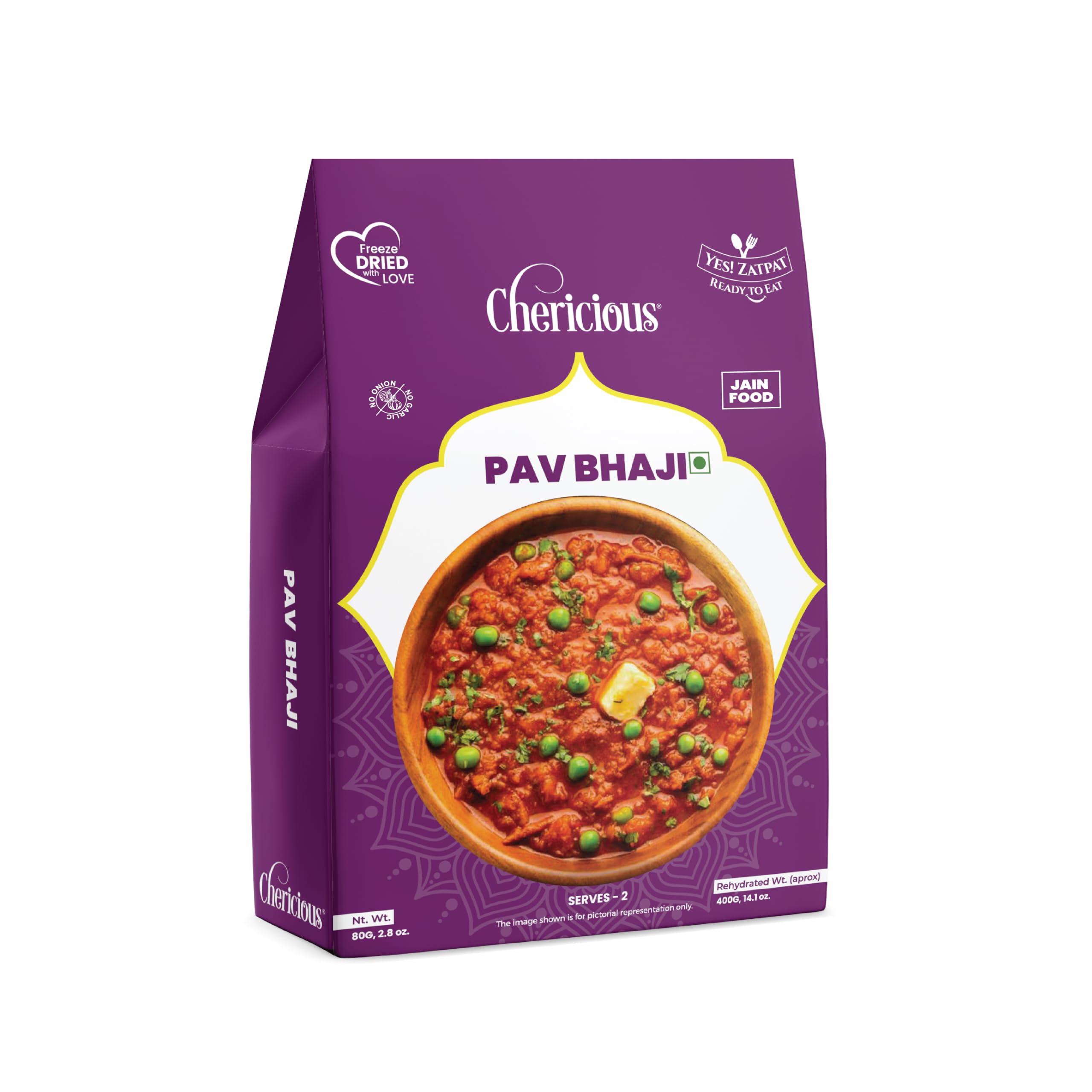 Chericious Ready to Eat Jain Pav Bhaji | Freeze Dried-400 gm| No Onion No Garlic | Indian Street Food Style | Instant Heat & Eat Meal (Pav Bhaji)