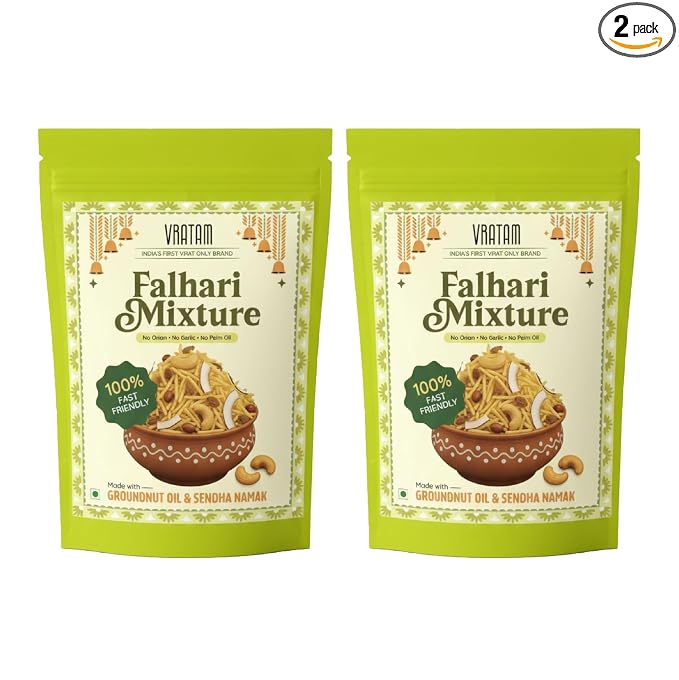 Vratam Falhari Trail Mix | Healthy Homemade Namkeen for Diet | No Onion No Garlic No Palm Oil | Guilt Free Snacks made in Groundnut Oil | Sweet and Salty Mixture for Home | 190G (pack of 2)