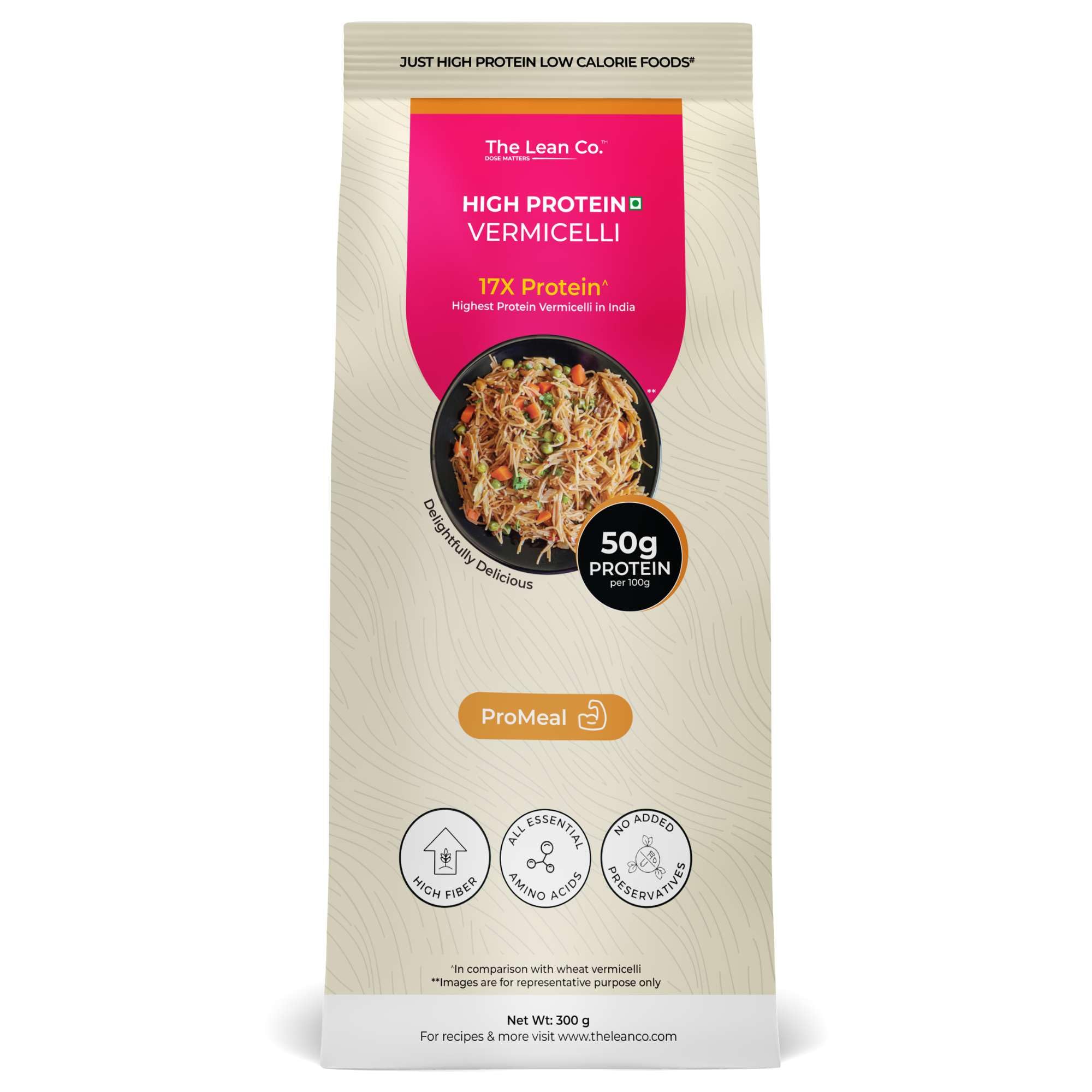 The Lean Co.® High Protein Vermicelli 300 g | 50% Protein, 2% Fat | Low Carb | Plant Based Vegan | Multigrain No Maida | Protein Rich(25 gm per serving) | No Preservatives, Additives or Colours