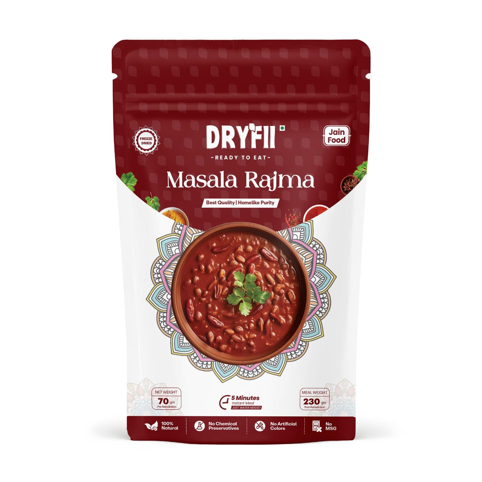 Dryfii Jain Masala Rajma | Ready-to-Eat-Food | No Onion No Garlic | Instant Meal | Freeze Dried | Dehydrated weight 70g | Rehydrated Weight 230 g