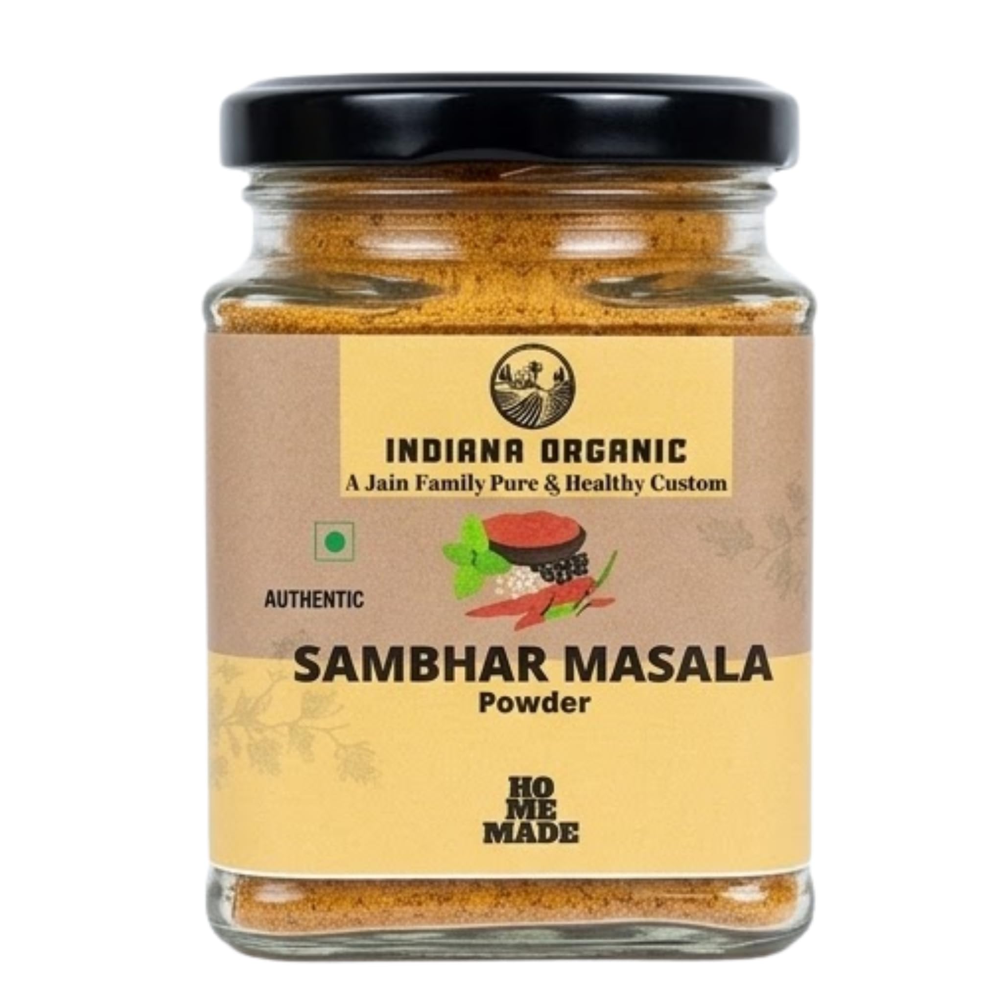 Indiana Organic Sambar Masala Powder -150 gram | No onion & garlic | freshly pack on order | Blend Of Hing, curry leaf, lentils and spices | No preservatives or clumping agent | Authentic South Indian Blend