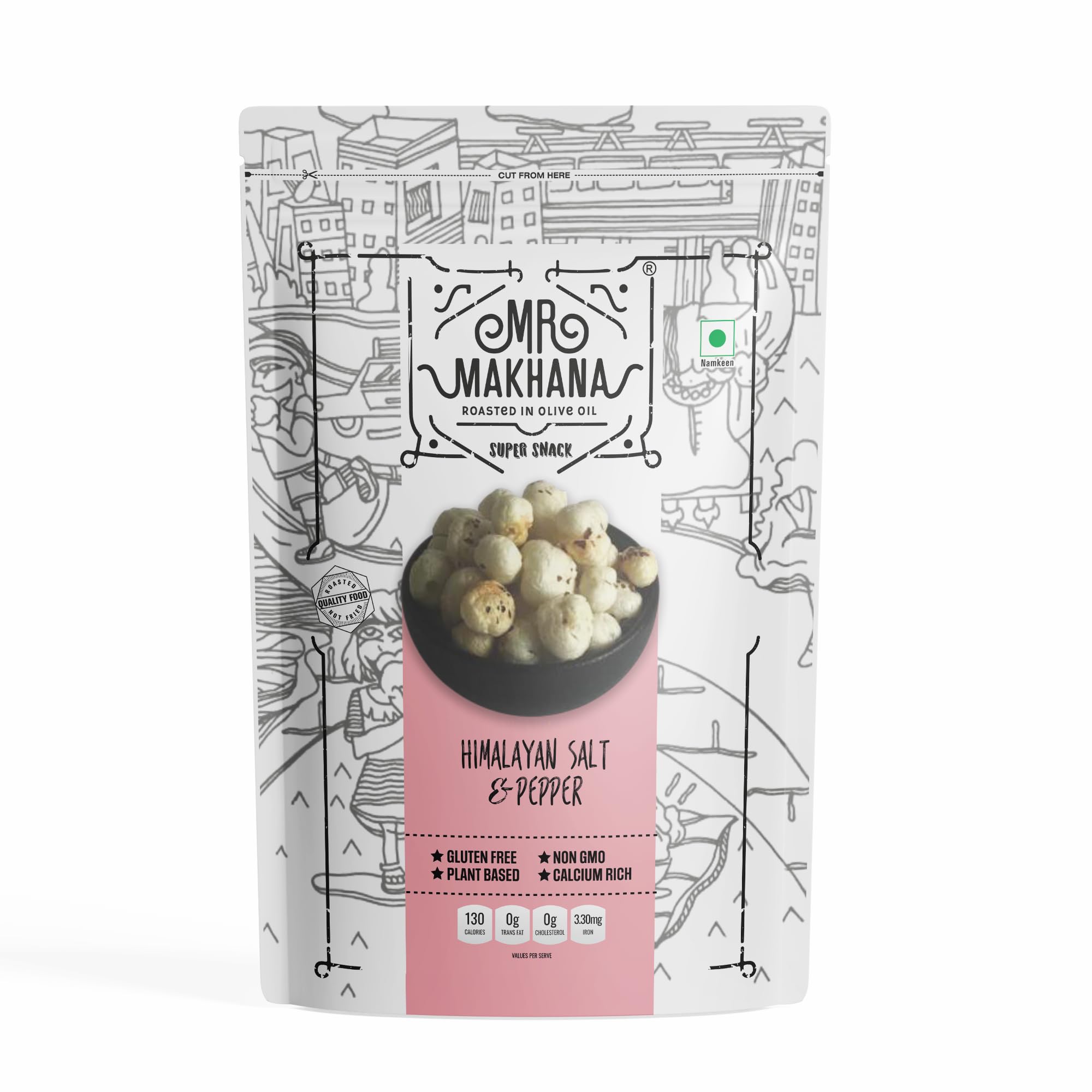 Mr. Makhana Roasted Makhana and Foxnuts | Healthy Snacks | Gluten Free | MSG Free | Antioxidant | Rich Calcium | Zero Trans Fat | Zero cholesterol (Himalayan Salt & Pepper)55gm