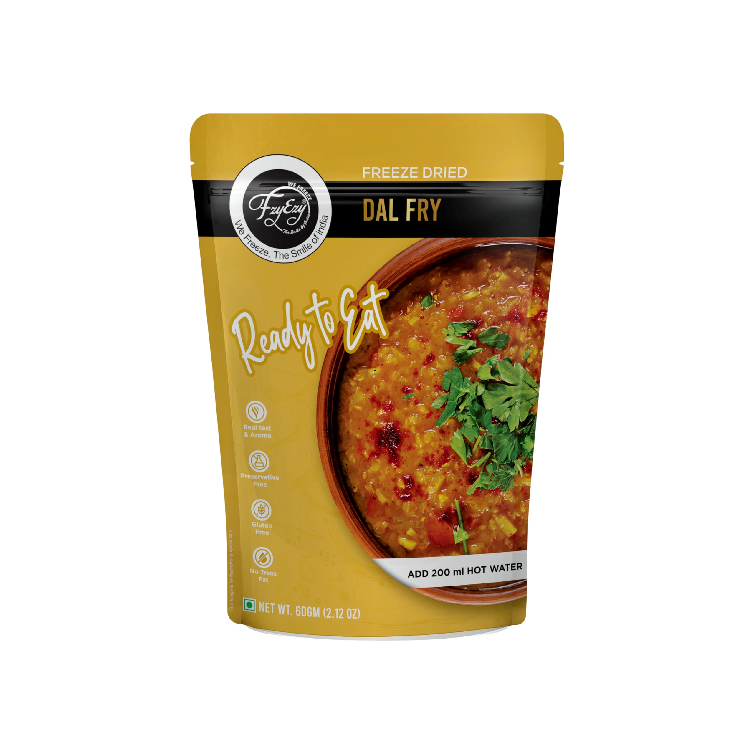 Jain Dal Fry | Freeze-Dried | 100% Natural Ready to Eat Meal | Authentic Indian Taste | Preservative-Free, Gluten-Free & No Trans Fat | Instant Meal – Add 200ml Hot Water | 60gm Pack