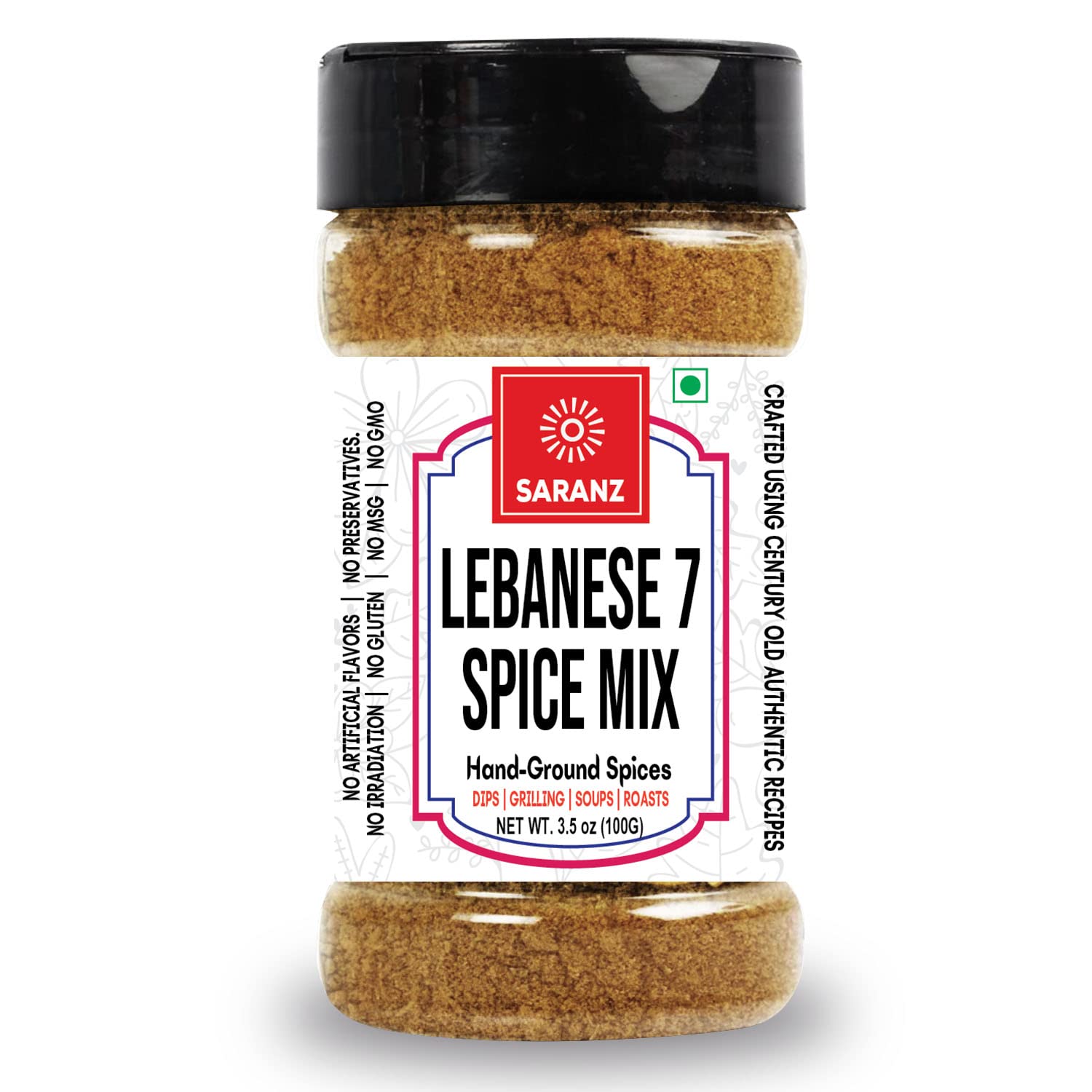SARANZ Lebanese 7 Spice Mix Jain Exotic Seasoning | Batata Harra Masala Perfect for Snacks, Appetizers, Savouries, Main Dishes Aromatic and Flavoured Vegan | Middle East Seasonings -100 Grams