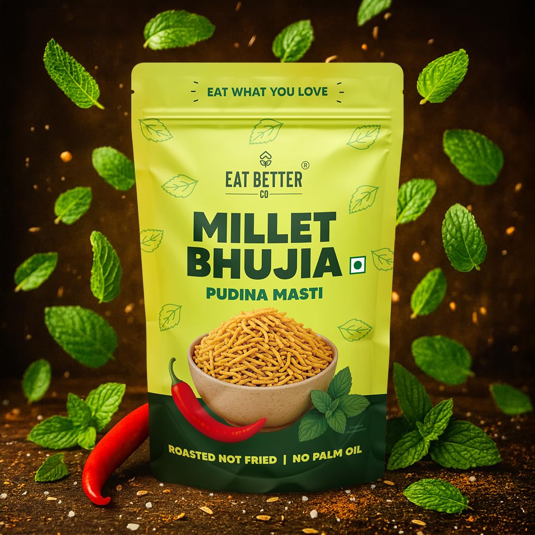 Eat Better Co - Millet Bhujia Pudina Masti Chatpata, Healthy Namkeen Snacks – Roasted, Not Fried | No Palm Oil | Healthy Replacement of Chips and Fried Namkeens (100 gram pack)