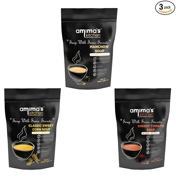 Amima's Kitchen Combo Of Manchow + Classic Sweet Corn + Cheesy Tomato Jain Soup (No Onion No Garlic) - 100 Grams (Pack of 3) | Instant Soup Mix Powder | Ready To Cook | No Artificial Flavour & Colour | Gluten Free | Non GMO | Healthy Soup