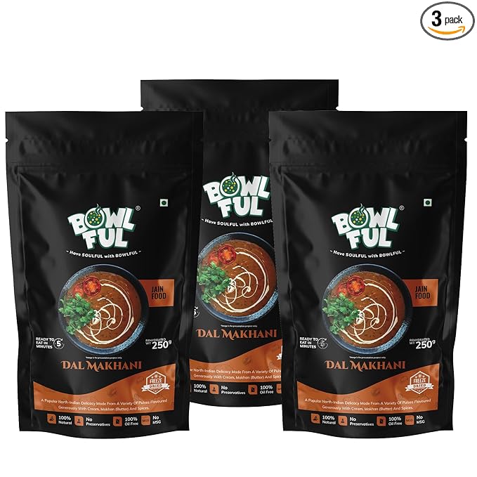Bowlful Dal Makhani Jain, 65 GMS Each, Pack of 3, Creamy Dal with Richness of Butter and Spices. 100% Natural, Freeze Dried Food