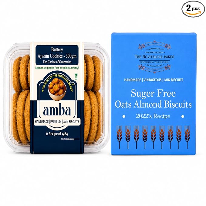 Amba Handmade Premium Biscuit Combo | Buttery Ajwain Cookies 300g & Sugar Free Oats Almond Biscuits 200g | Crunchy Tea Time Snacks | Healthy Jain Cookies | No Palm Oil | Perfect with Tea & Coffee