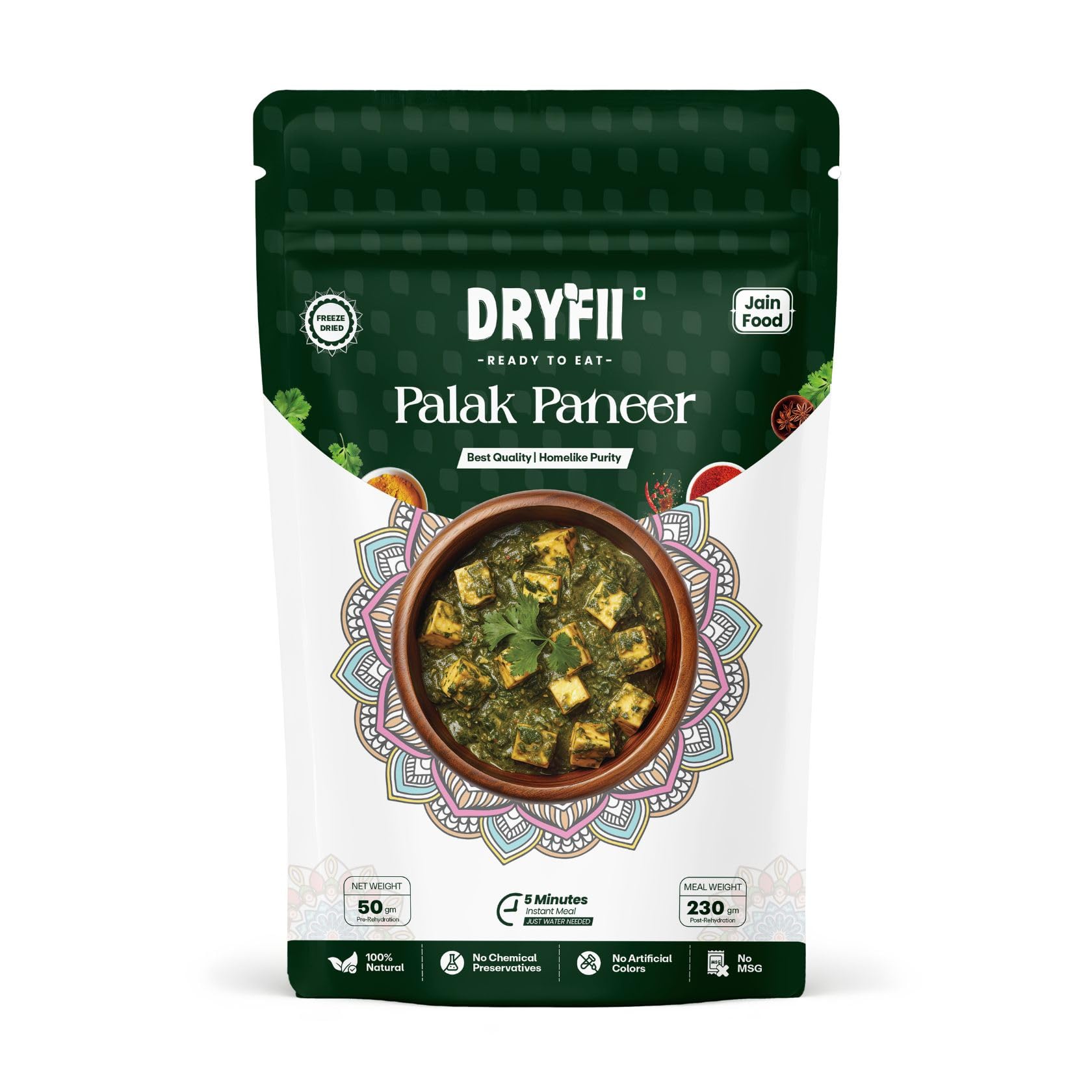 Dryfii Ready-to-Eat Instant Jain Palak Paneer | Pure Veg | Freeze Dried | No Onion, No Garlic | Rehydrated Weight 230 g