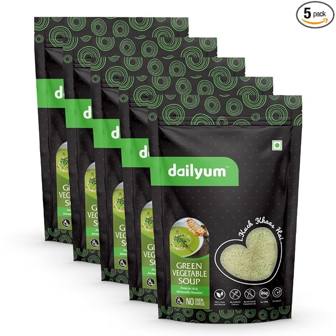 Dailyum Premium Instant Green Vegetable Soup | Pack of 5 |No Onion No Garlic | Ready To Eat Instant Soup | 100% Natural | No MSG | Gluten-free | Serves 4 * 5| 50g Each | Jain