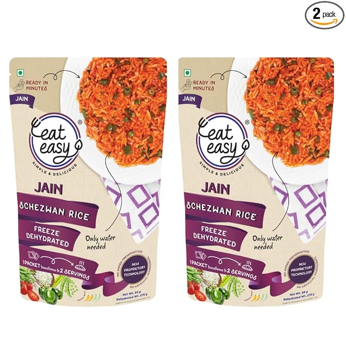 Eat Easy Ready to Eat Jain Schezwan Rice – 95g Each (Pack of 2) | No Garlic & Onion, No Moisture, Freeze Dehydrated, Instant Chinese Style Veg Rice for Quick Lunch, Dinner | No Preservatives | Just Add Hot Water