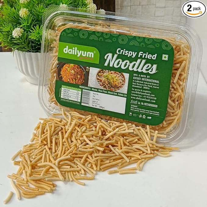 Dailyum Crispy Fried Noodles | Pack Of 2 | 200 Gram Each | For Chinese Bhel, Soups & Sizzlers | Ready-To-Eat, Preservative Free