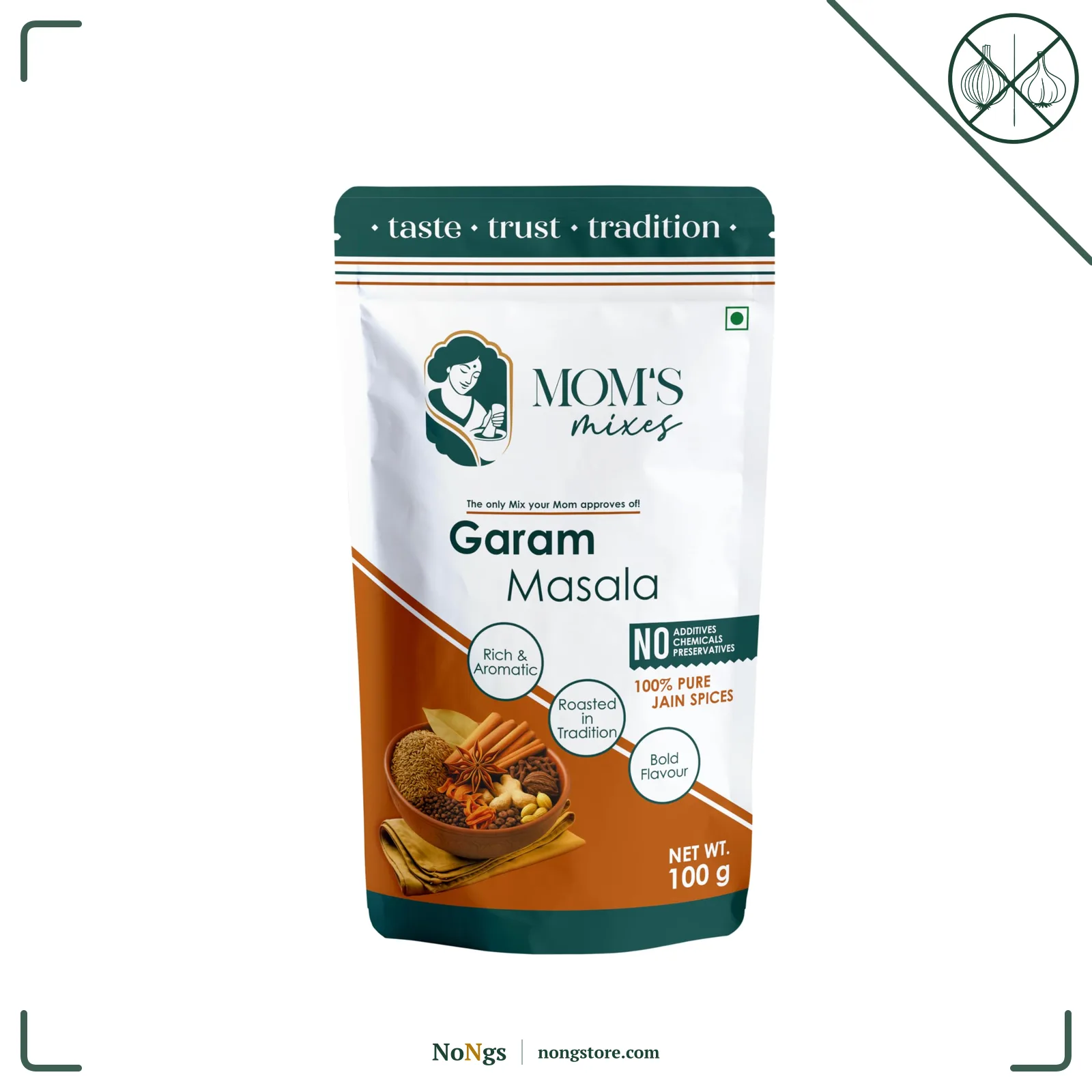 Mom’s Mixes Garam Masala (Garam Masala Powder) | Pure Jain Spices | No Onion No Garlic (Jain Friendly) | Rich & Aromatic | No Preservatives | 100g