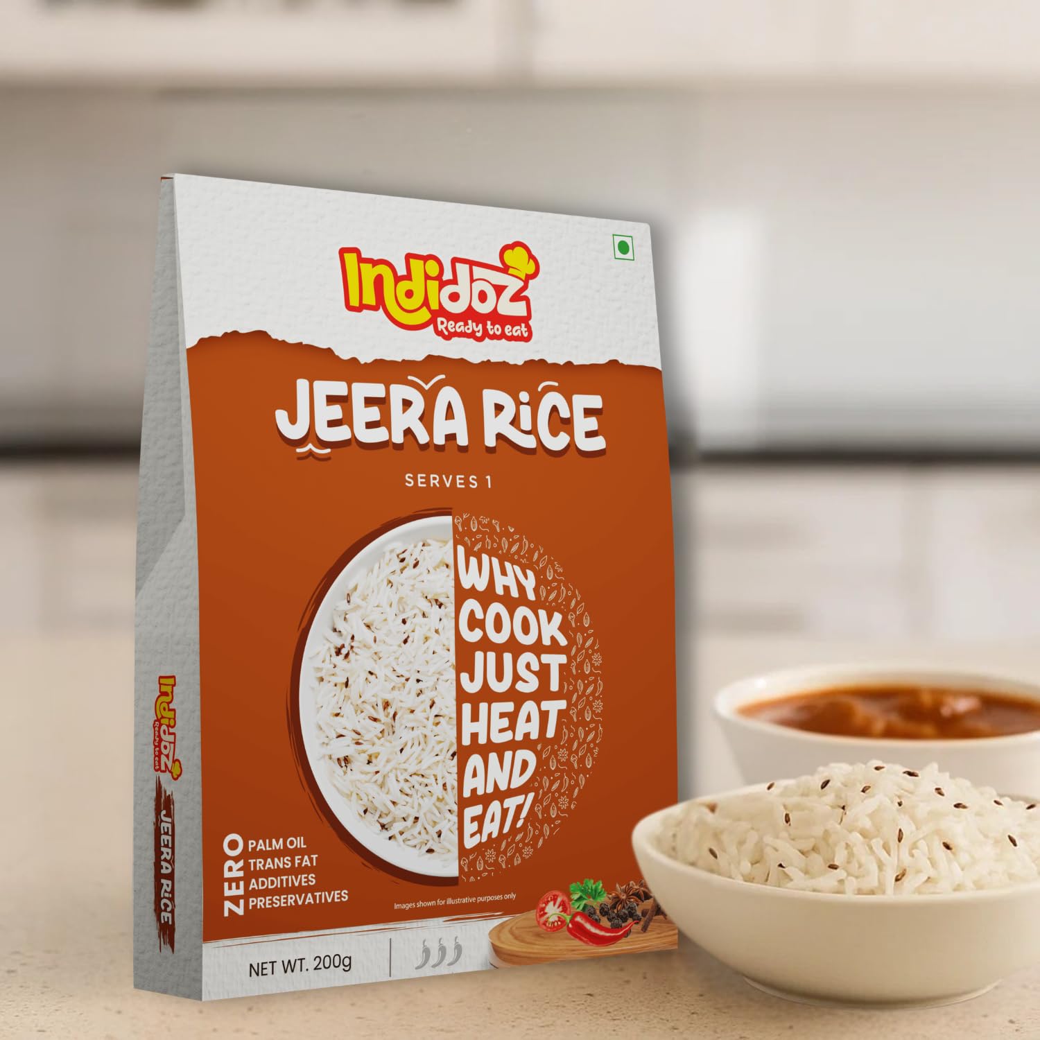 Indidoz Jeera Rice Ready to Eat | Fragrant Basmati Rice Cooked with Cumin Seeds | Authentic Indian Flavoured Rice | Heat & Eat Meal | No Preservatives | 200g