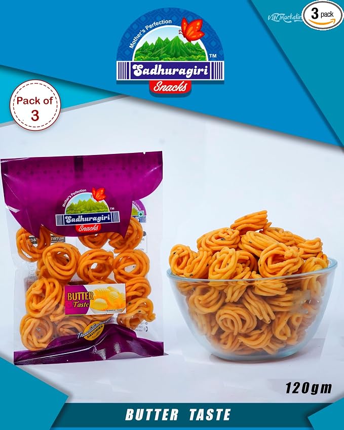 Sadhuragiri Butter Flavored Muruku from Theni (Pack of 3 x 120g)