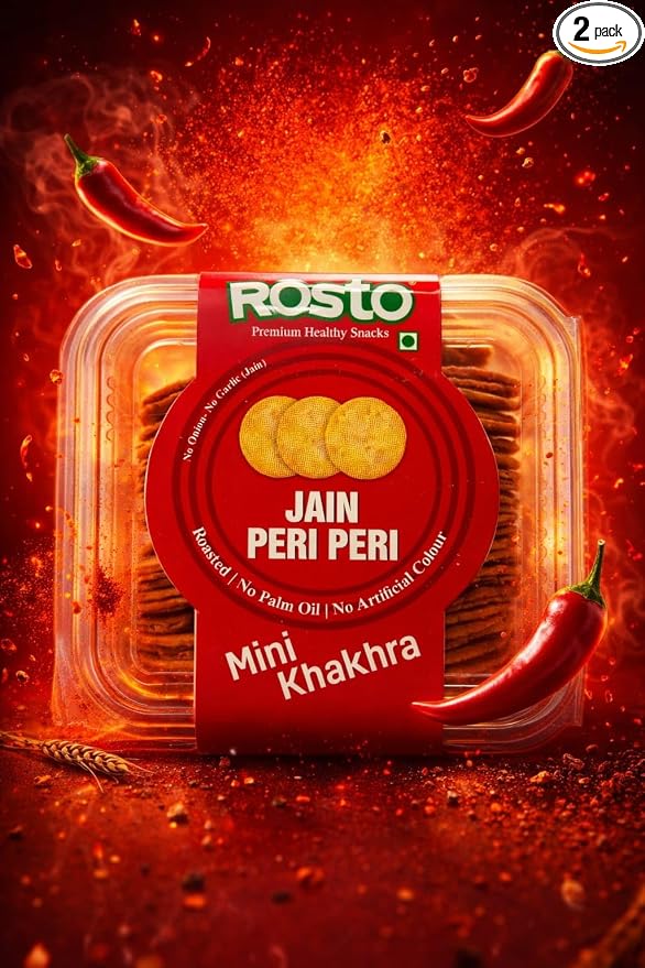 Rosto Jain Peri Peri Mini Khakhra (no onion no garlic), Roasted, No Palm Oil, No Artificial Colour, No Onion No Garlic, 200 g pack of 2 total 400g