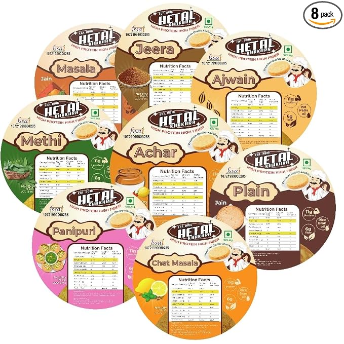 JAIN Combo pack of 8 | masala| methi| Jeera | Ajwain| Plain |Chat| Panipuri | Achar | Crispy | Ready To Eat | High Protein High Fiber| No Palm Oil | 200g Vacuum Pack Of 8