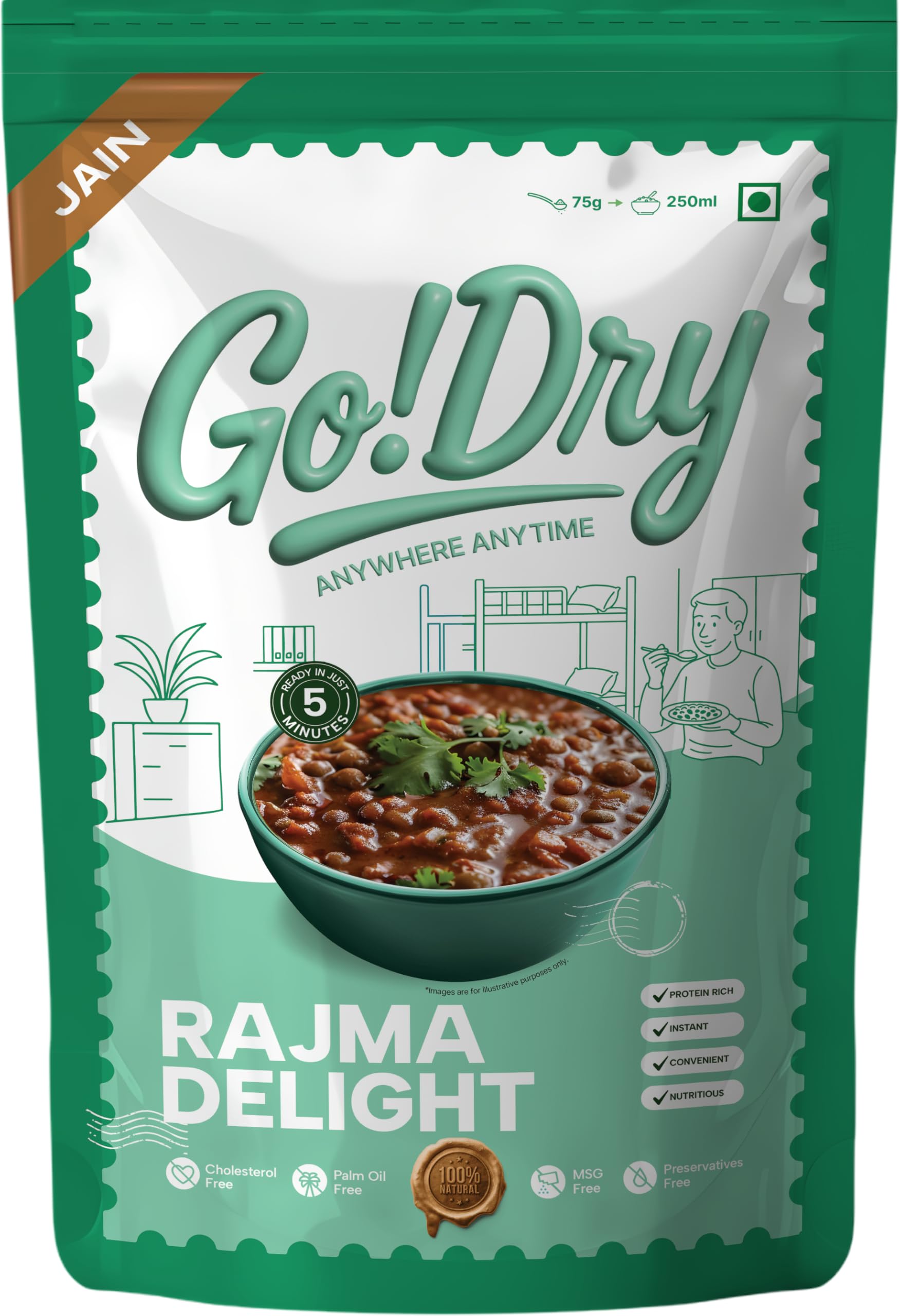 Go!Dry Jain Rajma Rice Combo | Ready to Eat Indian Meal | No Onion No Garlic | No Preservatives & No Palm Oil | 75g