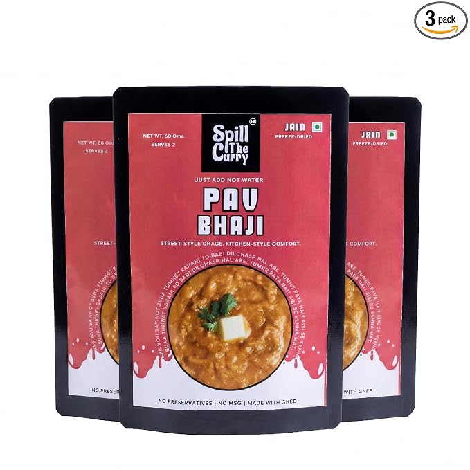 SPILL THE CURRY Mumbai Pav Bhaji Jain Ready to Eat | No Onion No Garlic | Authentic Street Food | Freeze Dried Instant Meal | Add Hot Water | Pure Ghee | Travel Friendly | Combo Pack of 3 (60g Each)