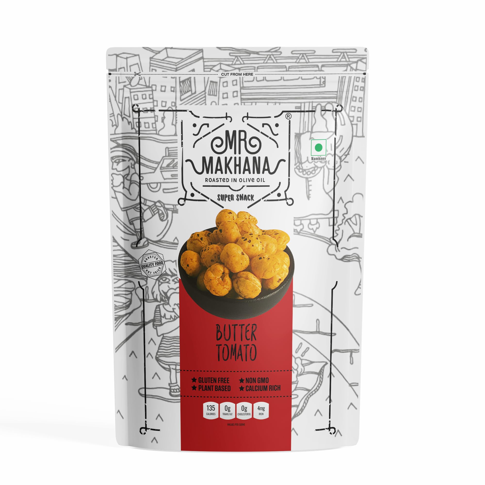 MR. MAKHANA Roasted Makhana and Foxnuts | Healthy Snacks | Gluten Free | MSG Free | Antioxidant | Rich Calcium | Zero Trans Fat | Zero cholesterol (Butter Tomato), 1 count 55g
