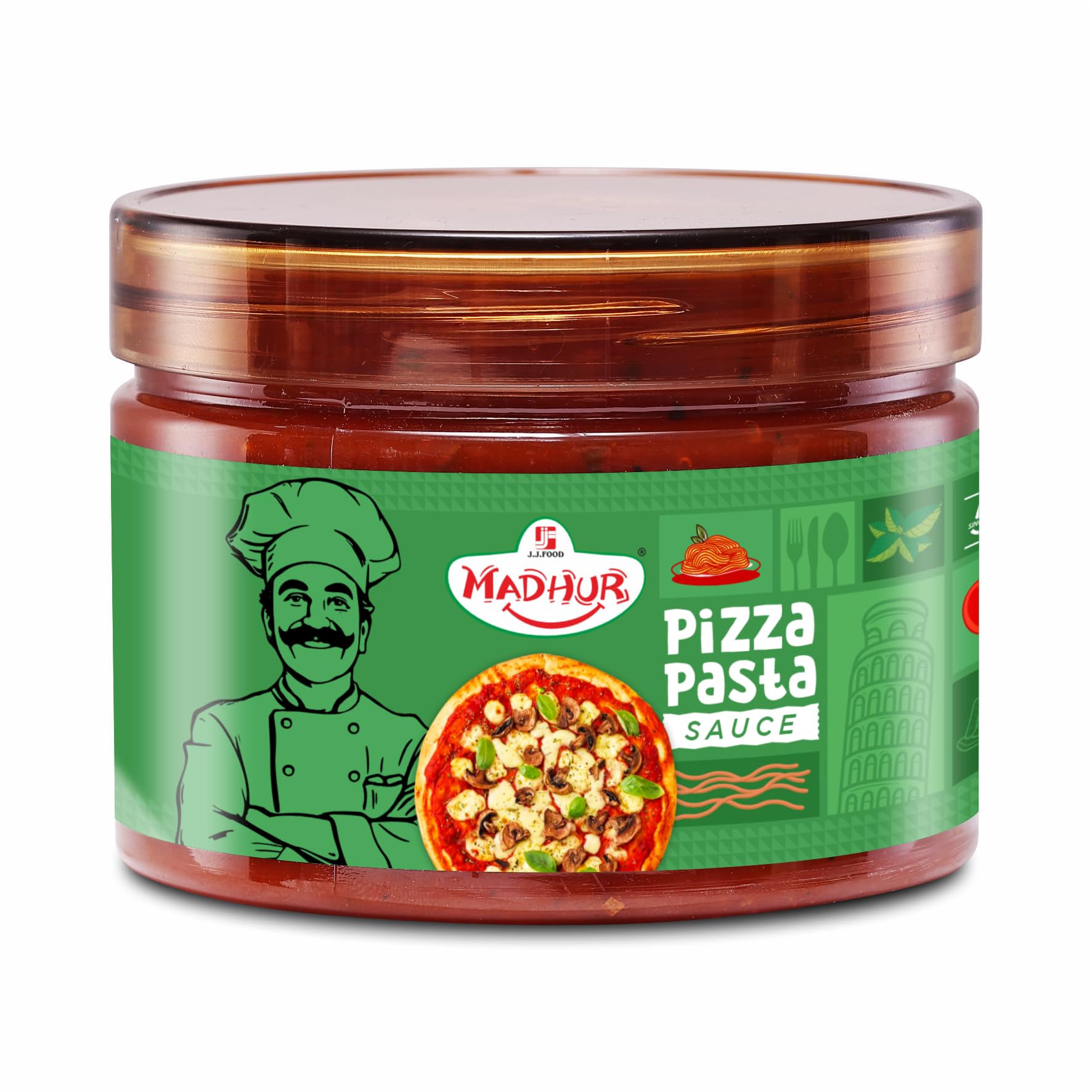 MADHUR Pizza Pasta Sauce - 300g Jar - Authentic Tomato-Based Italian Style Sauce - No Onion No Garlic - Tangy & Savoury Flavour - Ideal for Pizza, Pasta, Dips - 100% Vegetarian - Made in India