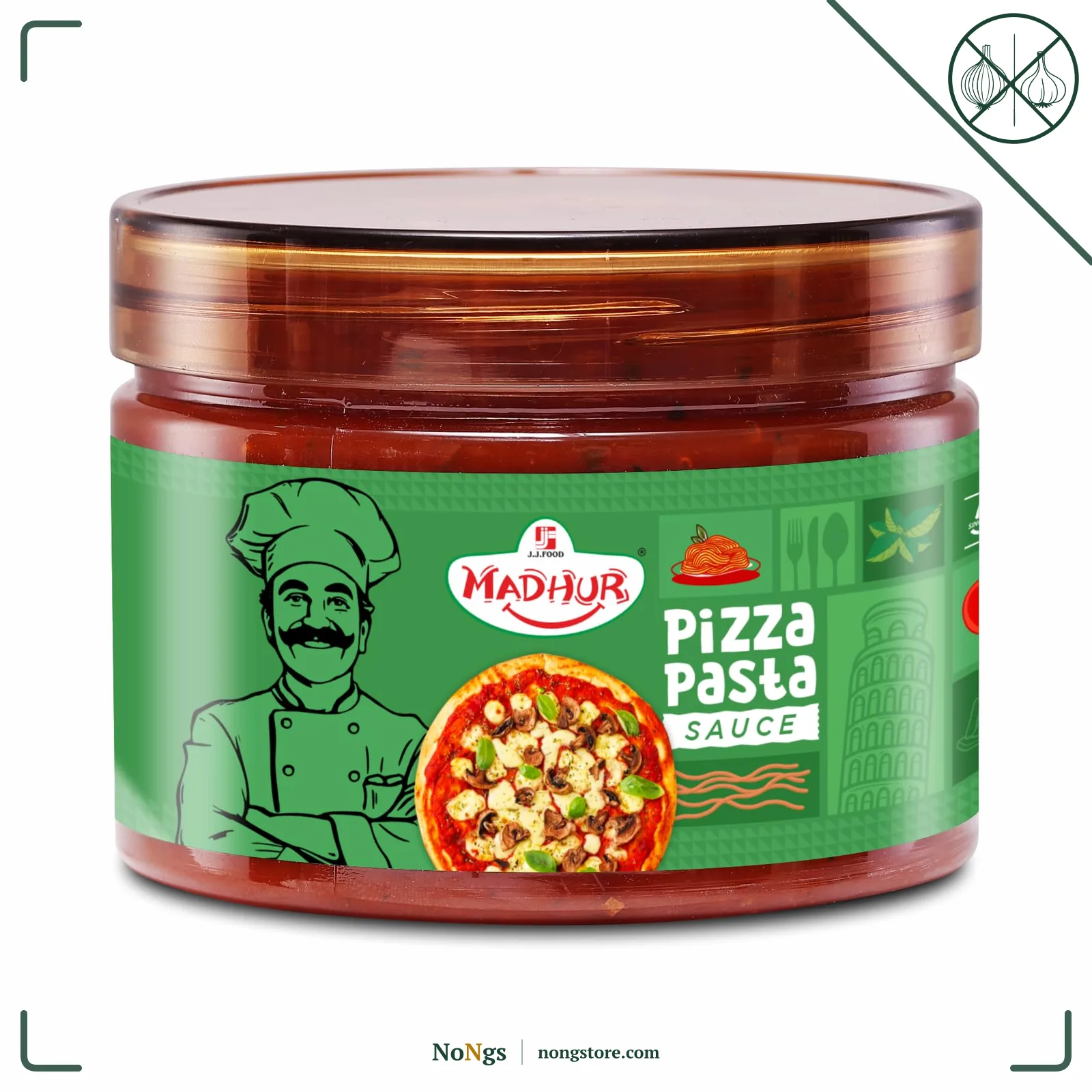 MADHUR Pizza Pasta Sauce - 300g Jar - Authentic Tomato-Based Italian Style Sauce - No Onion No Garlic - Tangy & Savoury Flavour - Ideal for Pizza, Pasta, Dips - 100% Vegetarian - Made in India
