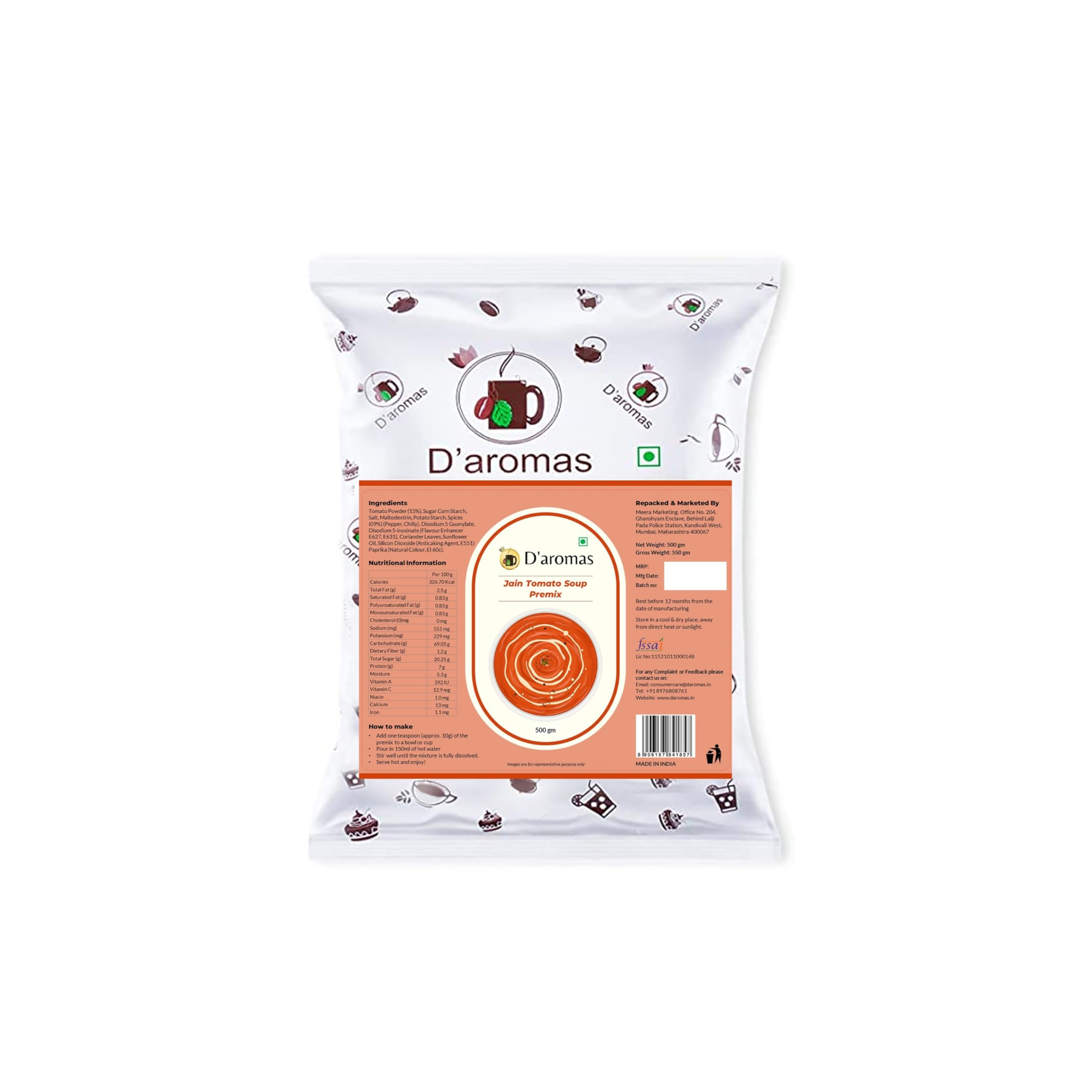 D'aromas Instant Jain Tomato Soup 8Kg, Instant Premix Powder With No Onion & No Garlic, Mix Powder, Veg Soup, No Artificial Flavour & Colour (Each 500gm) (Pack Of 16)