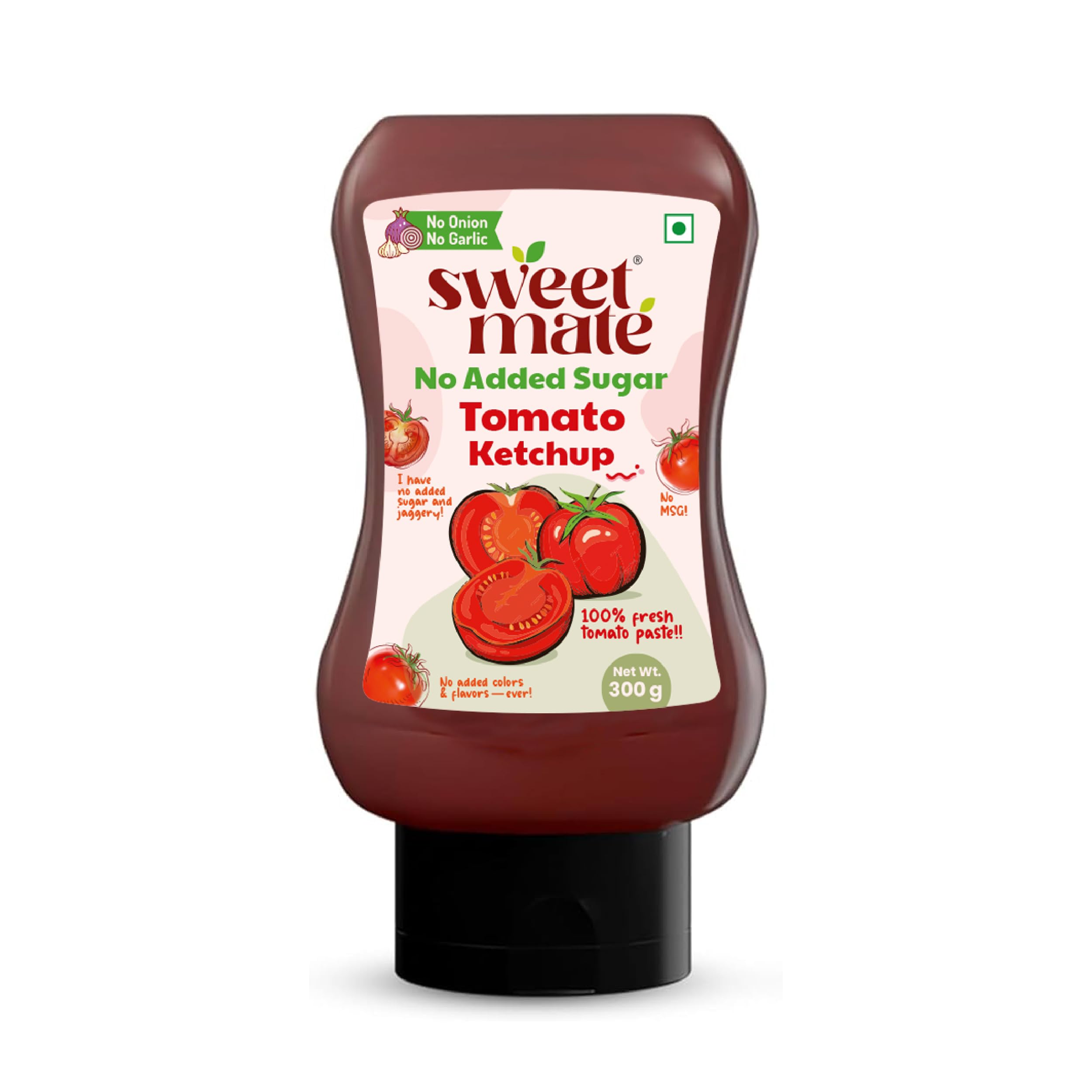 Sweetmate No Garlic Onion Tomato Ketchup | No Added Sugar & Jaggery | Jain & Fasting Friendly | Tastes Like Regular Ketchup | No Artificial Colors, Flavours or Thickeners | Ideal for All Ages – 300g