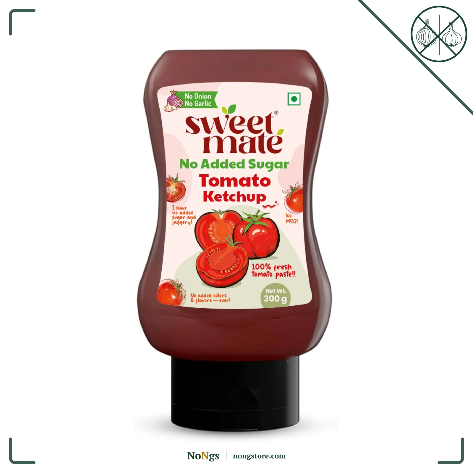Sweetmate No Garlic Onion Tomato Ketchup | No Added Sugar & Jaggery | Jain & Fasting Friendly | Tastes Like Regular Ketchup | No Artificial Colors, Flavours or Thickeners | Ideal for All Ages – 300g