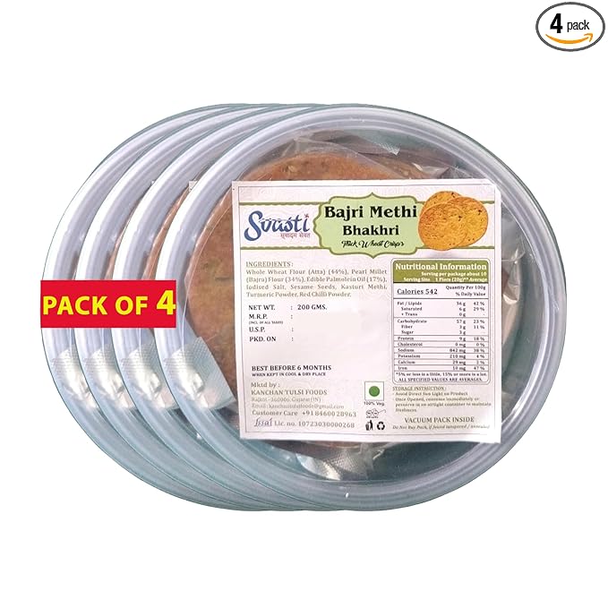 Svasti Dry Whole Wheat Bajri Methi Bhakhri Snacks - 200 gms (Pack Of 4) | Roasted Healthy Gujarati Snacks | No Maida | No Artificial Colours | No Onion & No Garlic | Vacuum Packed