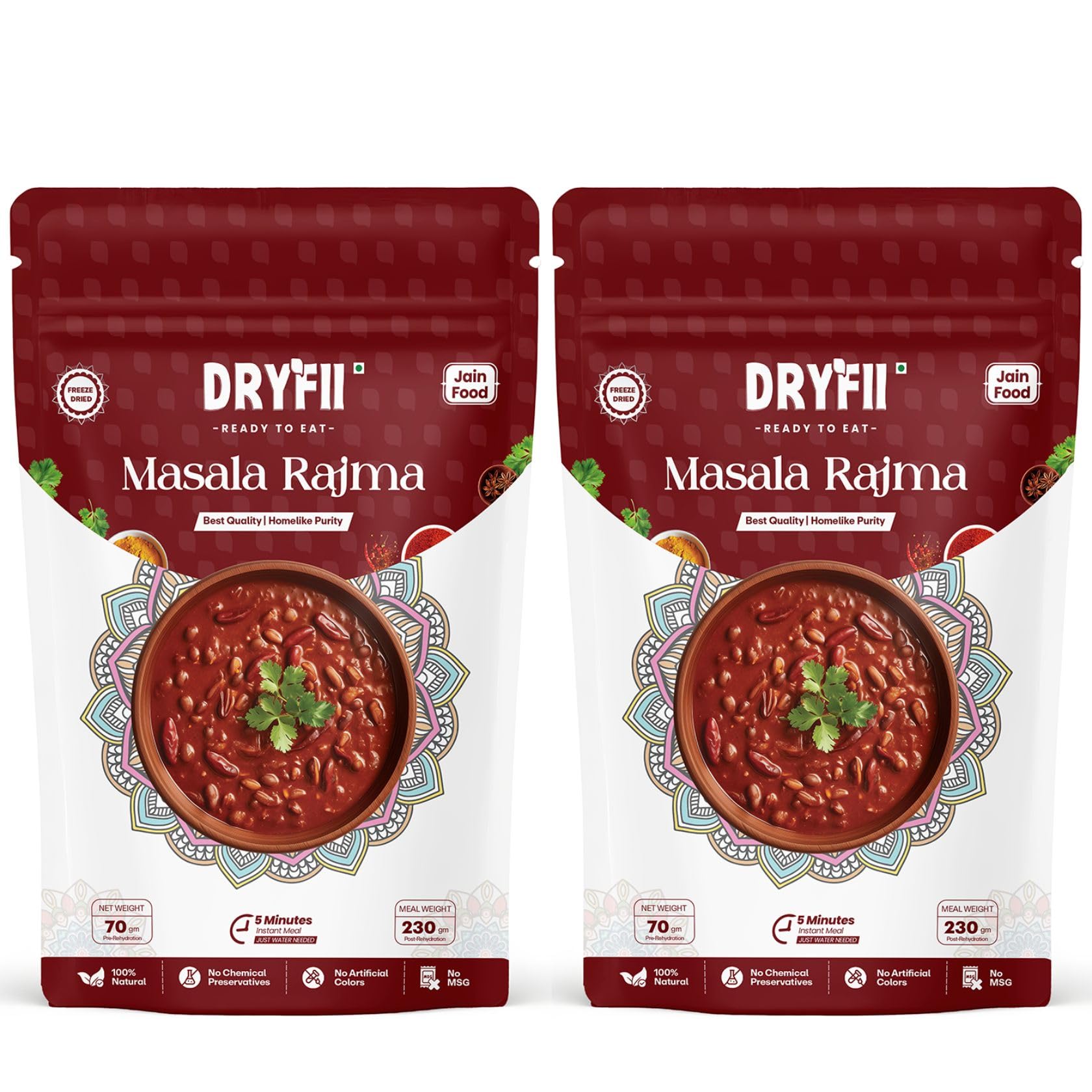 Dryfii Ready-to-Eat Instant Jain Masala Rajma| Pure Veg | Freeze Dried | No Onion, No Garlic | Rehydrated Weight 460 g